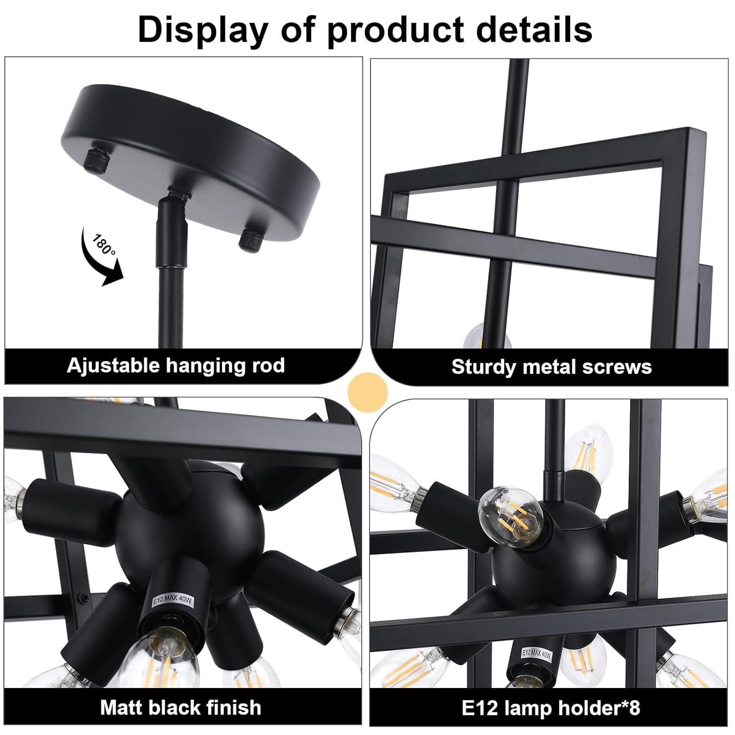 Modern Black and Gold Chandelier, 8-Light Geometric Pendant Light Fixture, Dining Light Fixtures Adjustable Chandelier for Dining Room Entryway Foyer Hallway Bedroom Living Room Kitchen Island