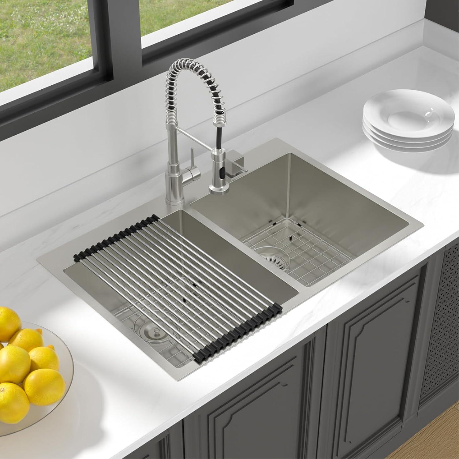 Double Bowl 50 50 Drop In Sink 33"X22"X10" Stainless Steel Kitchen Sink 16 Gauge With Two 10" Deep Basin Brushed Nickel Stainless Steel