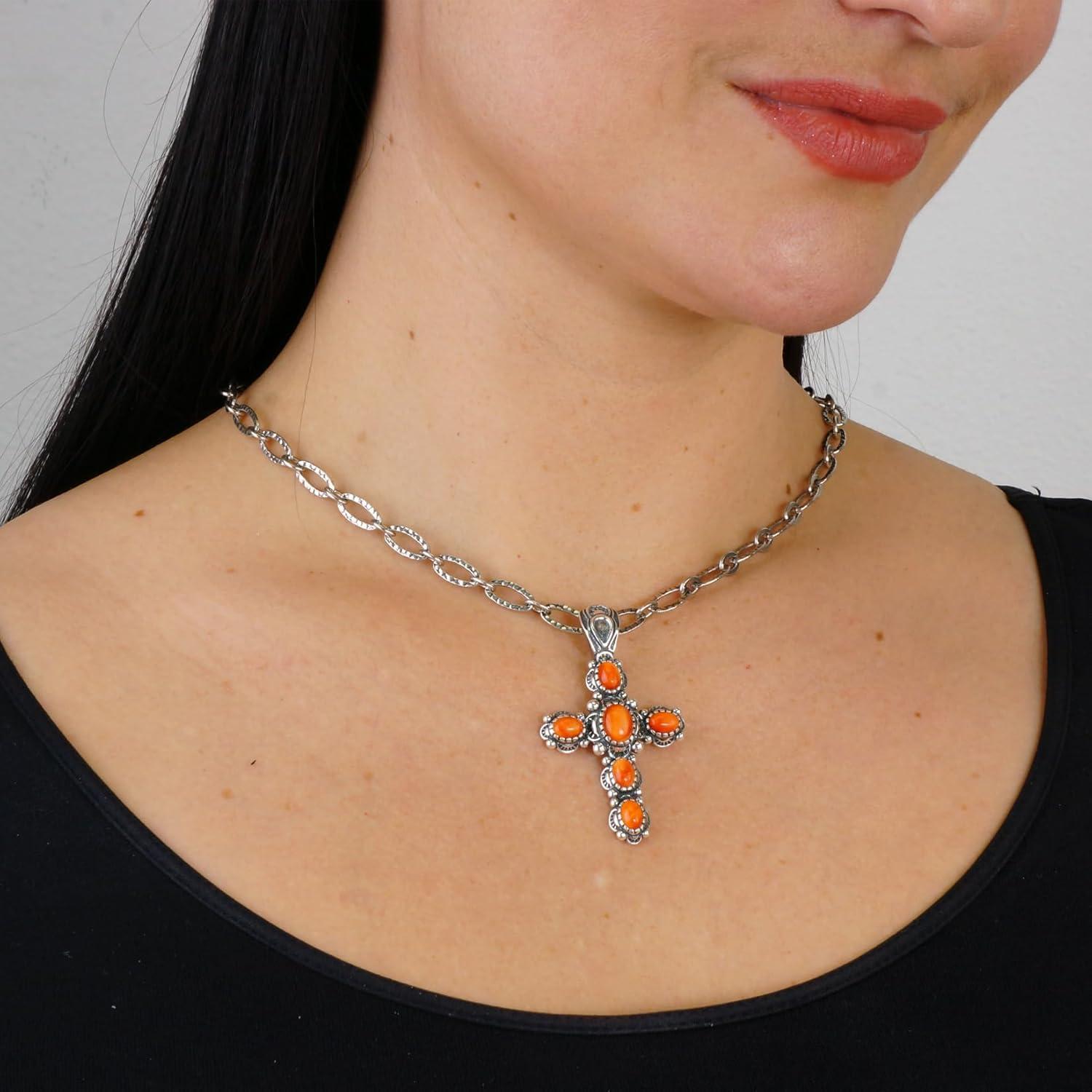 Sterling Silver Orange Spiny Oyster Cross Pendant