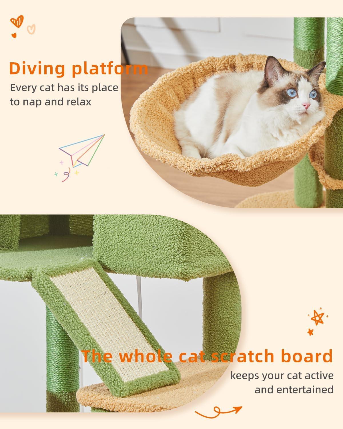 71-Inch Large Cat Tree For Large Cats Plush Multi-Level Cat Condo With 8 Scratching Posts 2 Perches Cave Hammock 2 Pompoms Scratch Board
