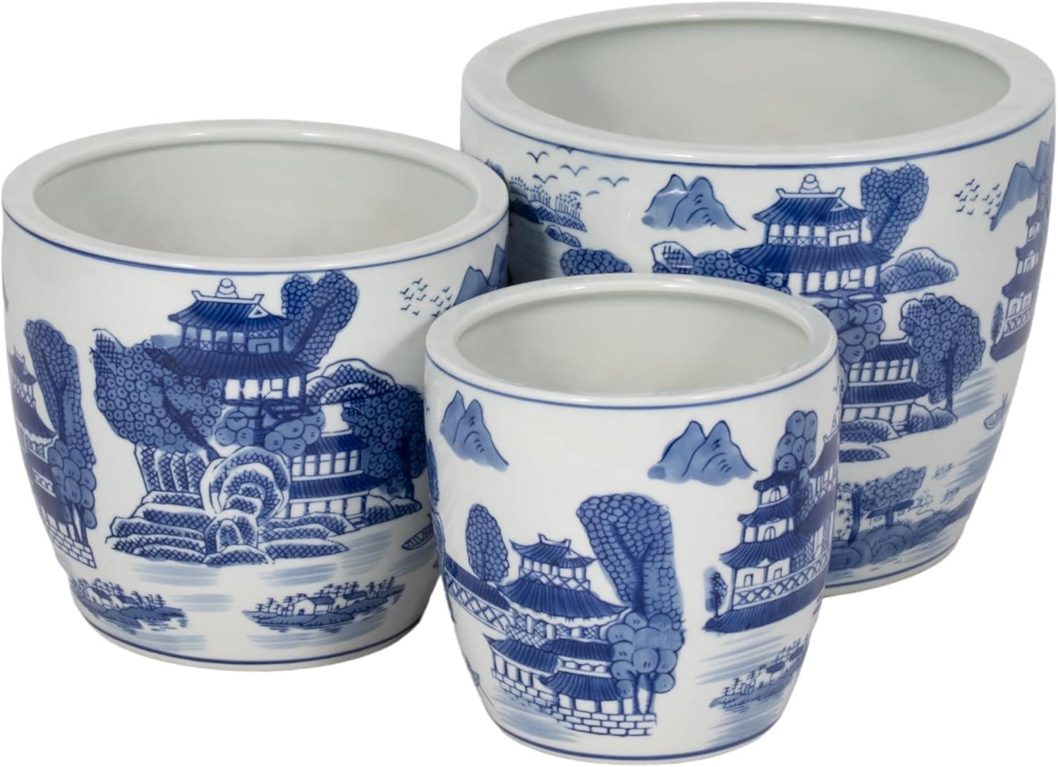 Sagebrook Home 3pc Chinoiserie Ceramic Indoor Outdoor Planter Pots Blue/White: Rust-Resistant, Hand-Painted, No Drainage Holes