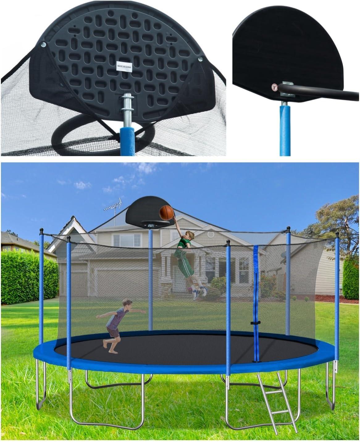 14 FT Trampoline Outdoor with Basketball Hoop, Backyard Trampoline with Enclosure Net, Heavy Duty Large Trampoline for Kids and Adults, Double-side Color cover