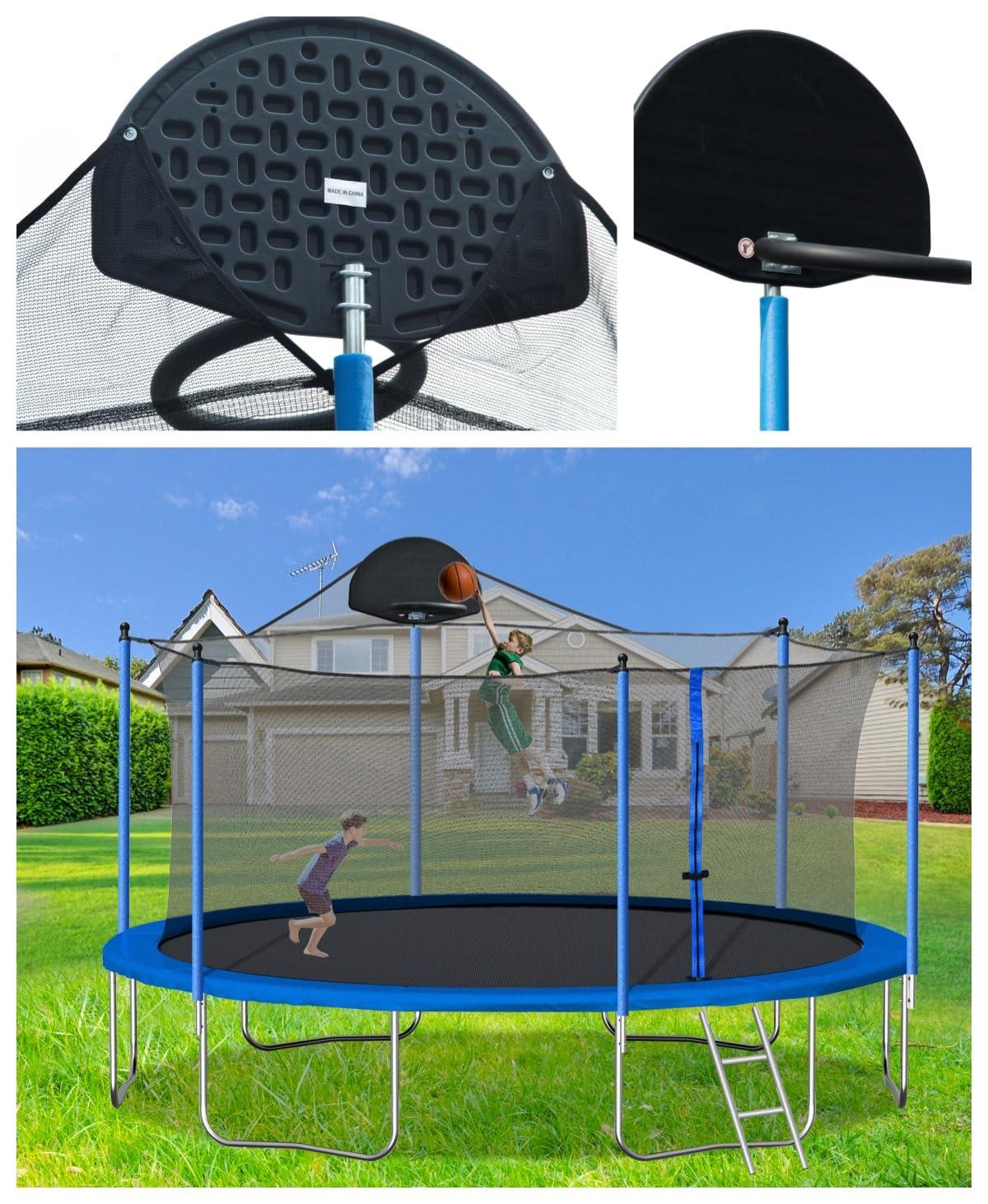 14 FT Trampoline Outdoor with Basketball Hoop, Backyard Trampoline with Enclosure Net, Heavy Duty Large Trampoline for Kids and Adults, Double-side Color cover