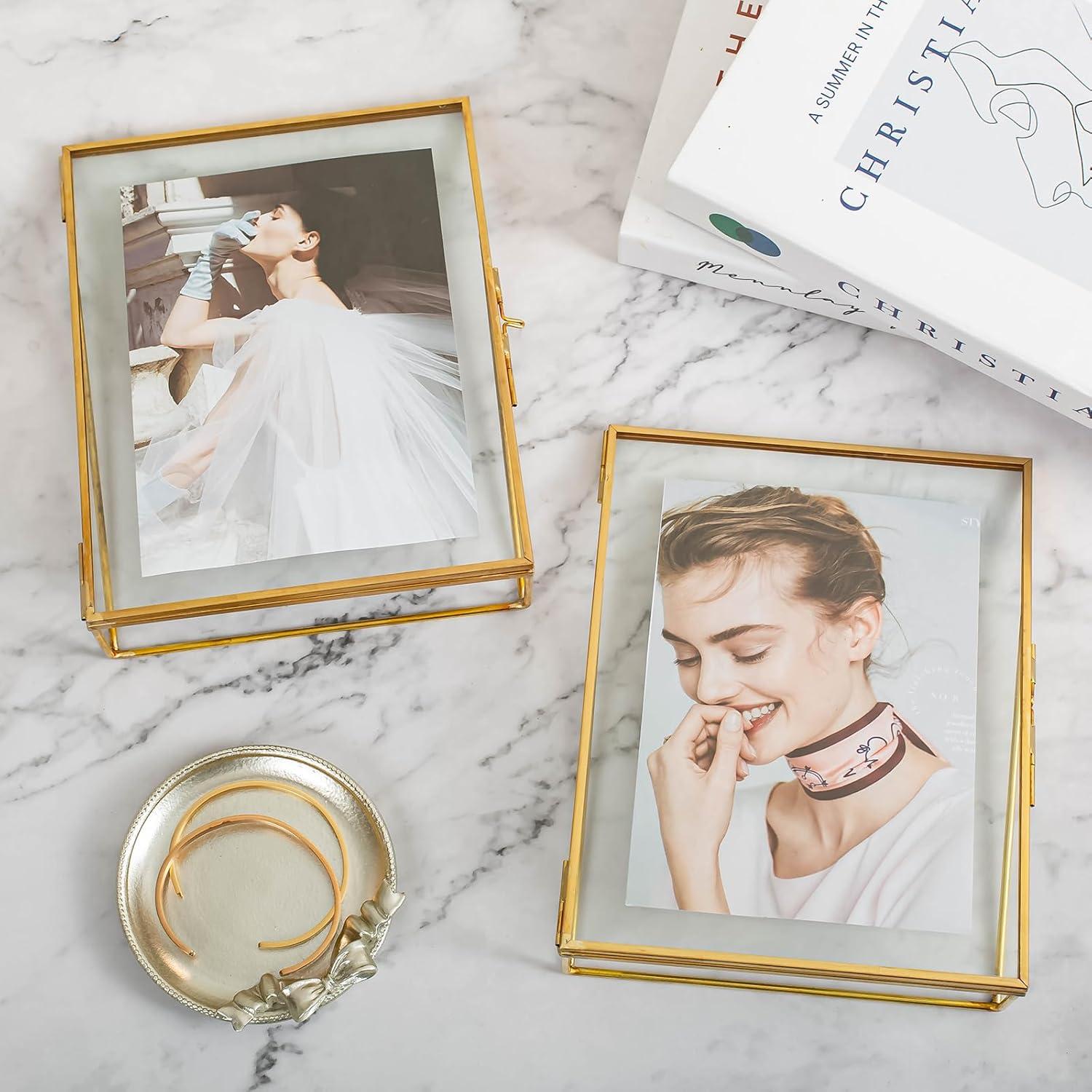Gold Floating Picture Frame Set of 2, Glass Picture Pressed Flower Frames, Gold Floating Frame for 5x7 Photo Vertical Standing Tabletop Display