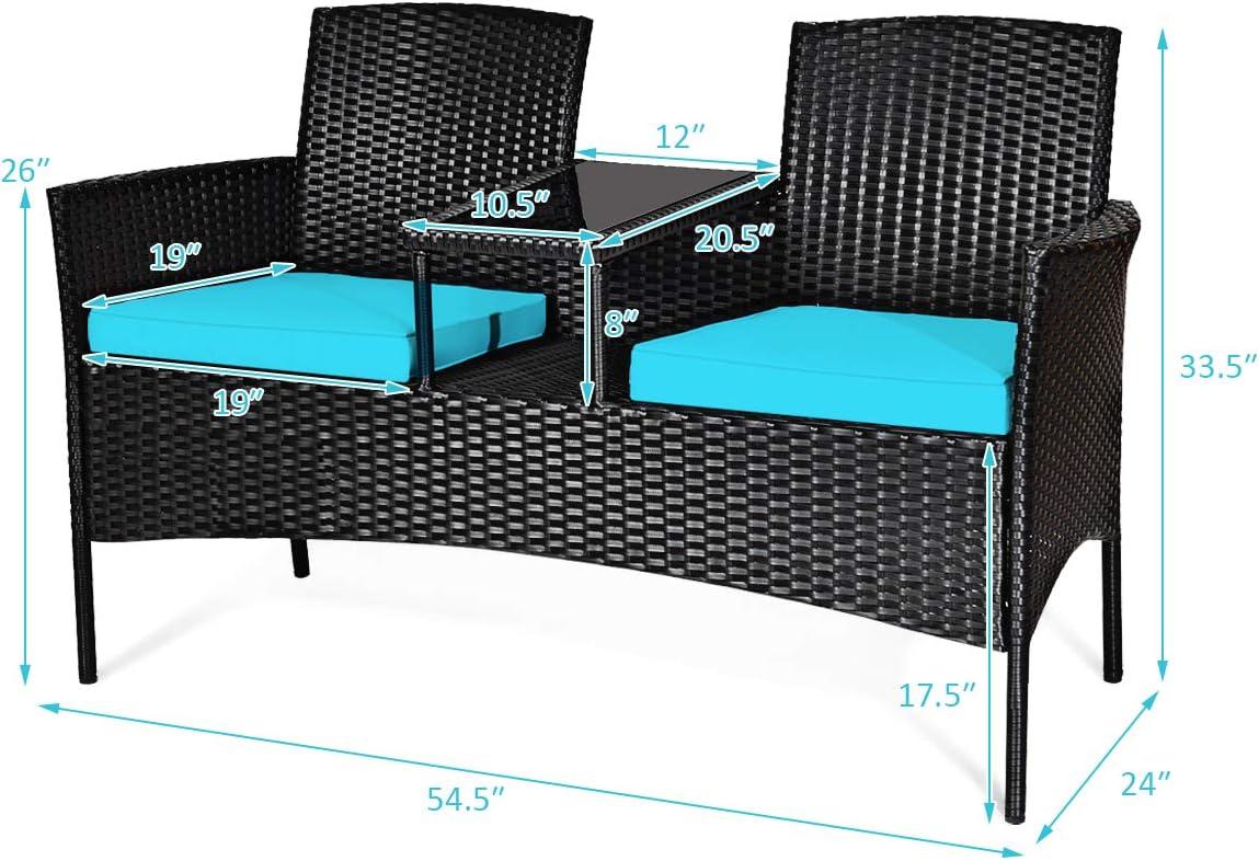 Resenkos Wicker Patio Conversation Furniture Set with Seat , Balcony Furniture Outdoor Rattan Patio Conversation Set with Removable Cushions and Table-Turquoise