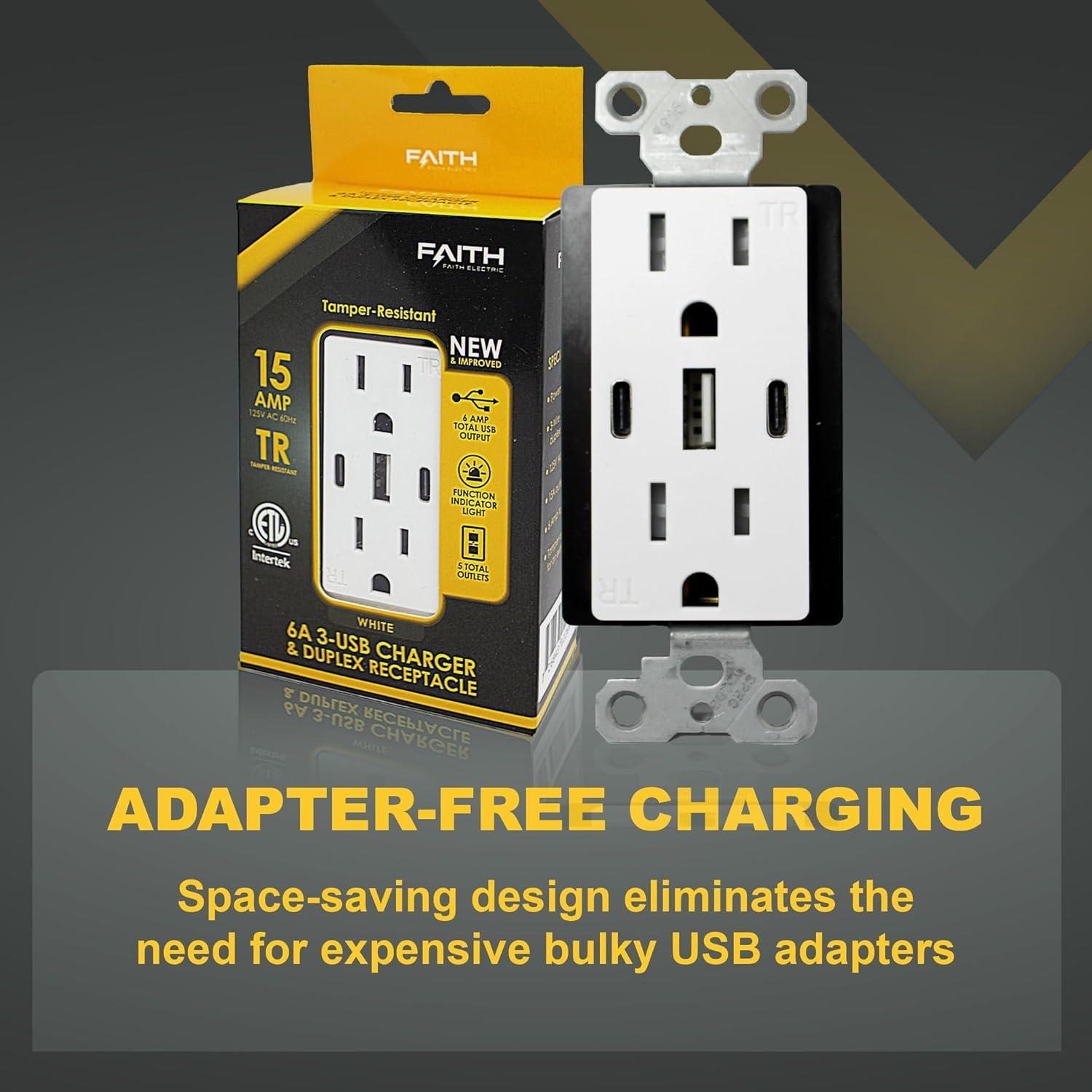 6.0A USB Outlet, 3-Port 30W Wall Outlets with 2 Type C & 1 Type A, 15 Amp Receptacle Plug, Tamper Resistant Receptacle, ETL Listed, White, 1 Pack