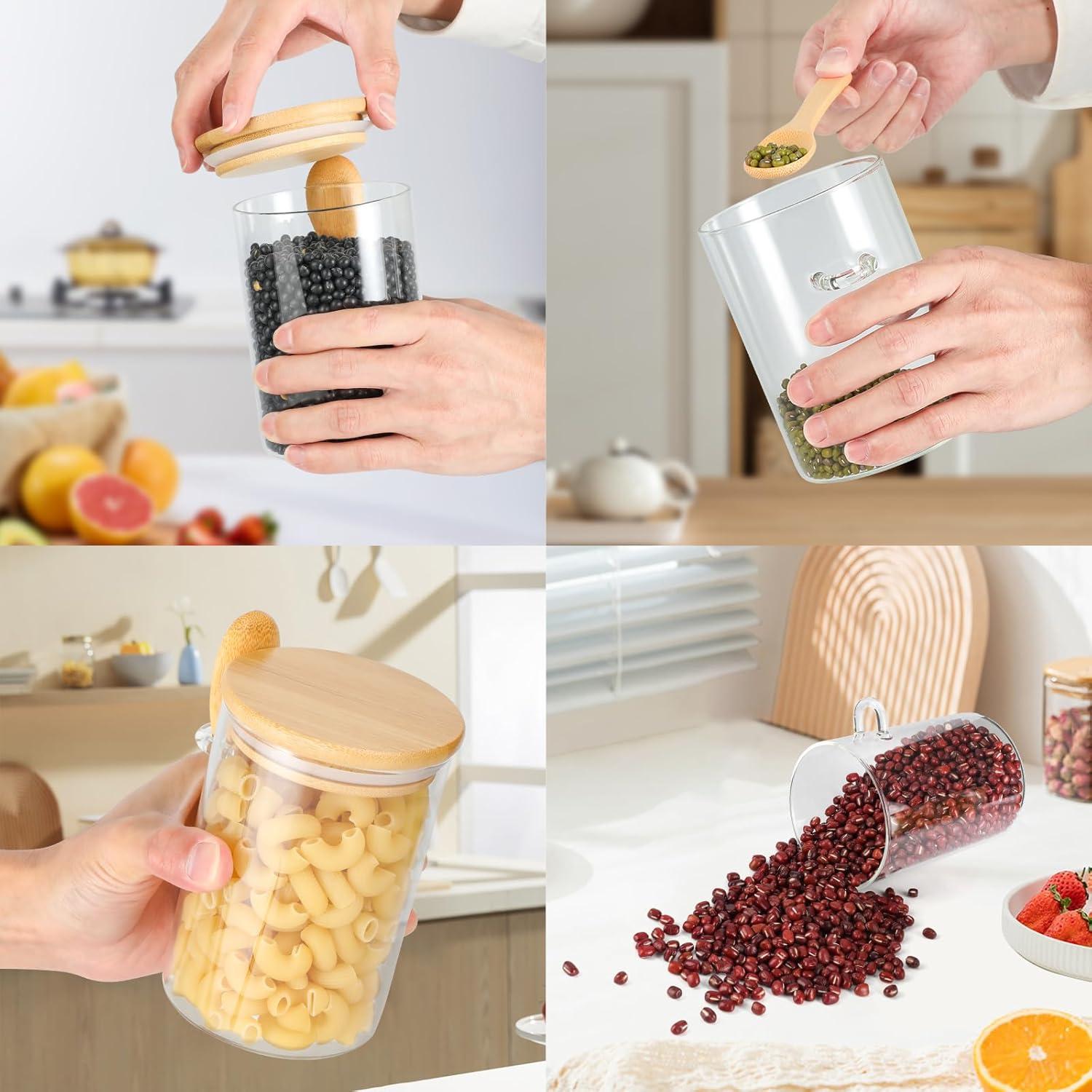 3 Pack Glass Containers Jars with Bamboo Airtight Lid and Spoon, 15Oz Glass Food Storage Canisters, Kitchen Organization Jar Set for Coffee Beans, Tea, Flour, Salt, Nuts, Candy, Cookie and More