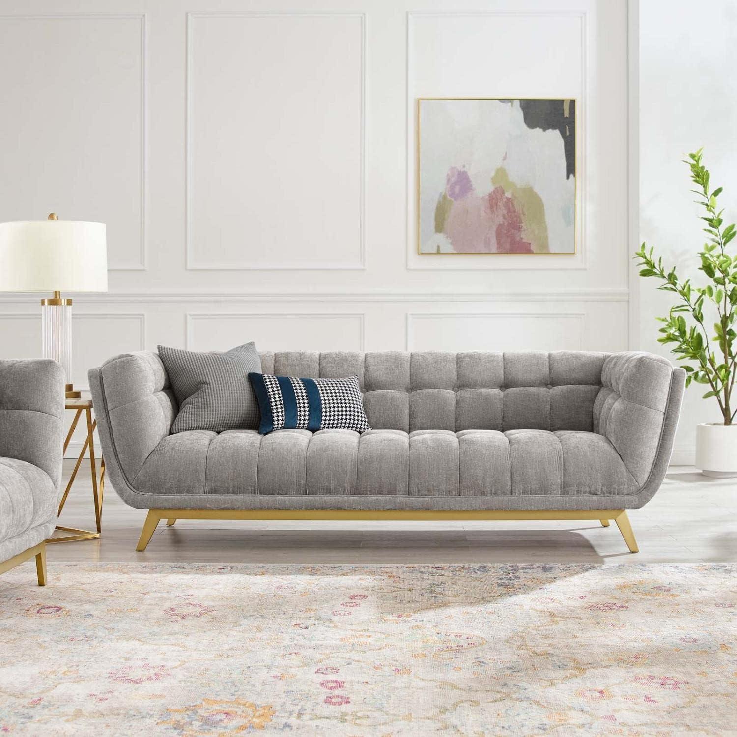 Elegant Tufted Light Gray Velvet Sofa with Brushed Gold Legs