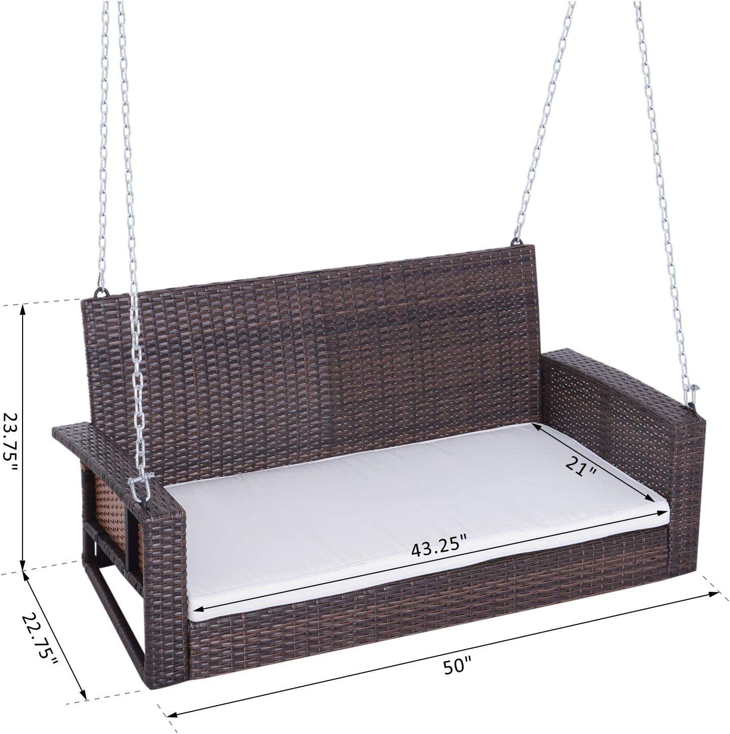 Brown Wicker 2-Person Outdoor Hanging Swing Bench with Cushions