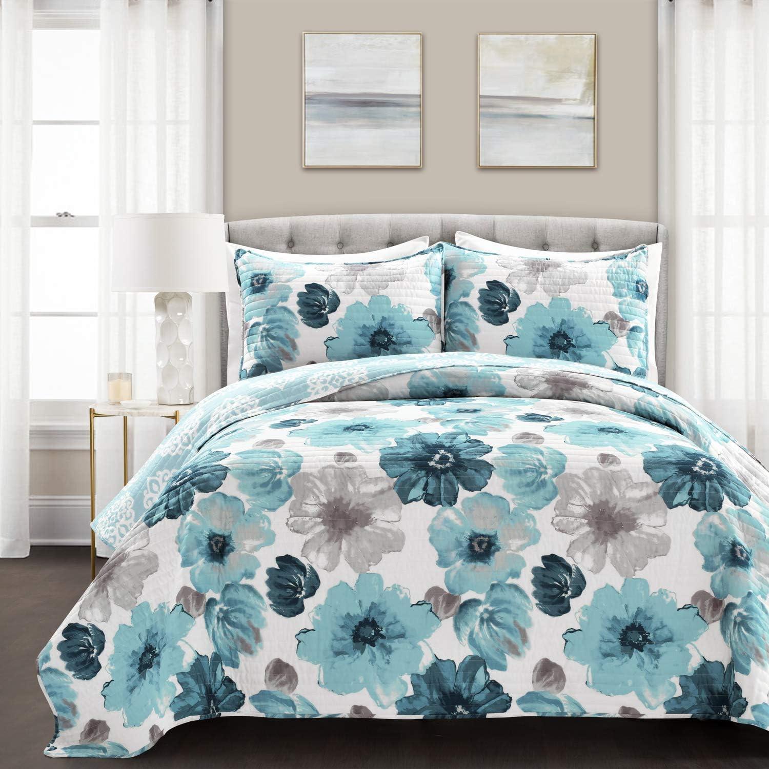 Leah Blue Floral Reversible Microfiber Full Quilt Set