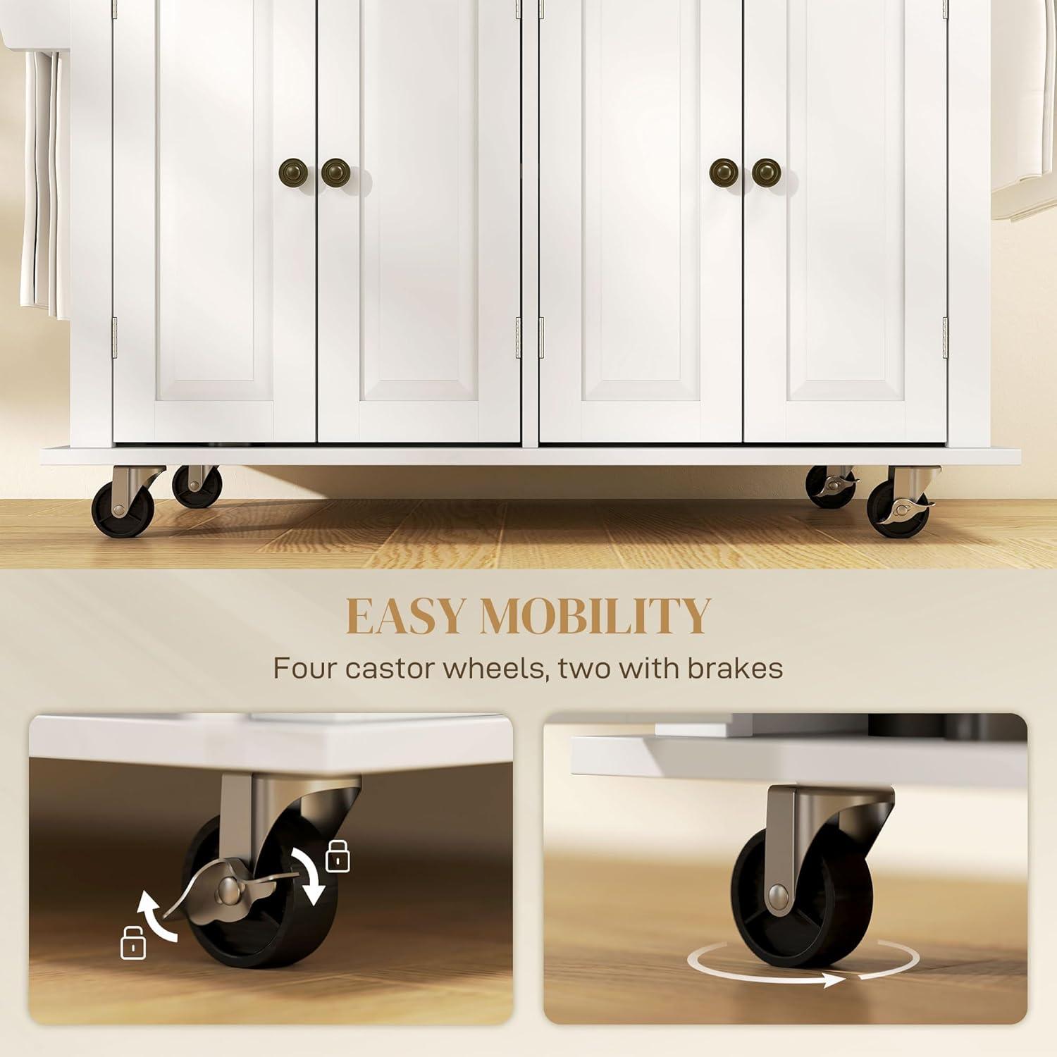 HOMCOM Kitchen Island on Wheels, Rolling Cart with Rubber Wood Top, Spice Rack, Towel Rack & Drawers for Dining Room, White