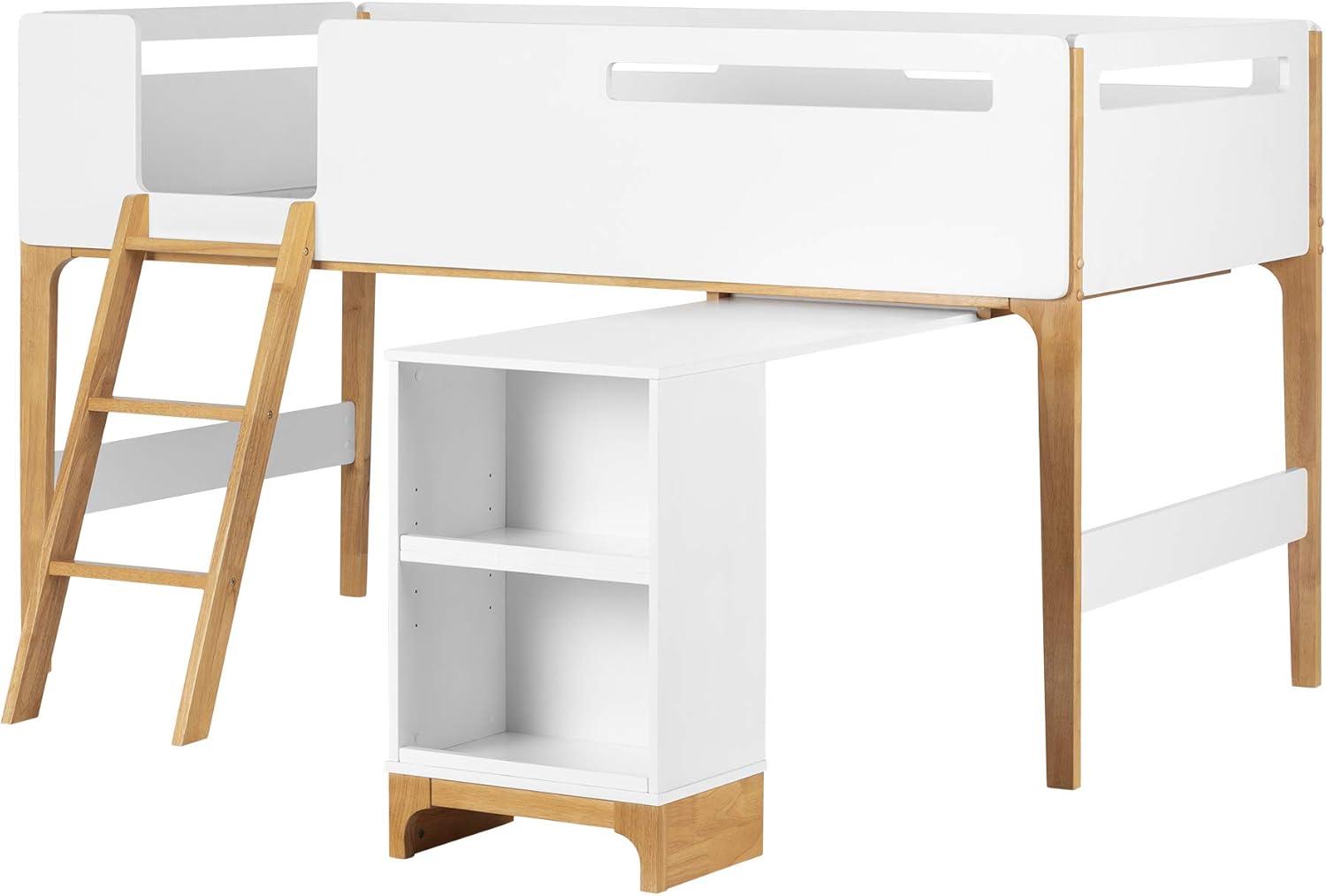 South Shore Bebble Scandinavian Wood Twin Loft Bed with Desk in White & Natural