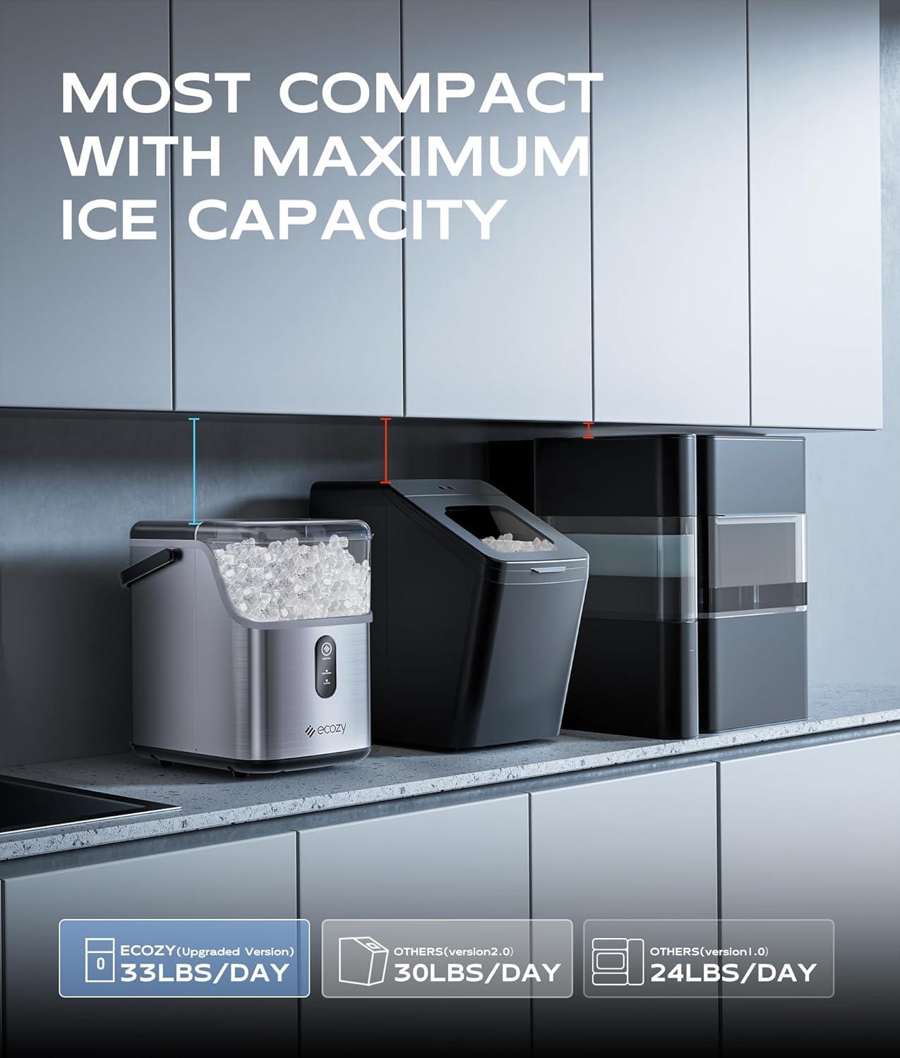 ecozy Nugget Ice Maker Countertop, Ice Maker with 33 lbs/24H, Crushed Pellet Ice Cubes, One-Click Operation Ice Machine with Self-Cleaning, for Party/Kitchen/Bar/Office, Stainless Steel
