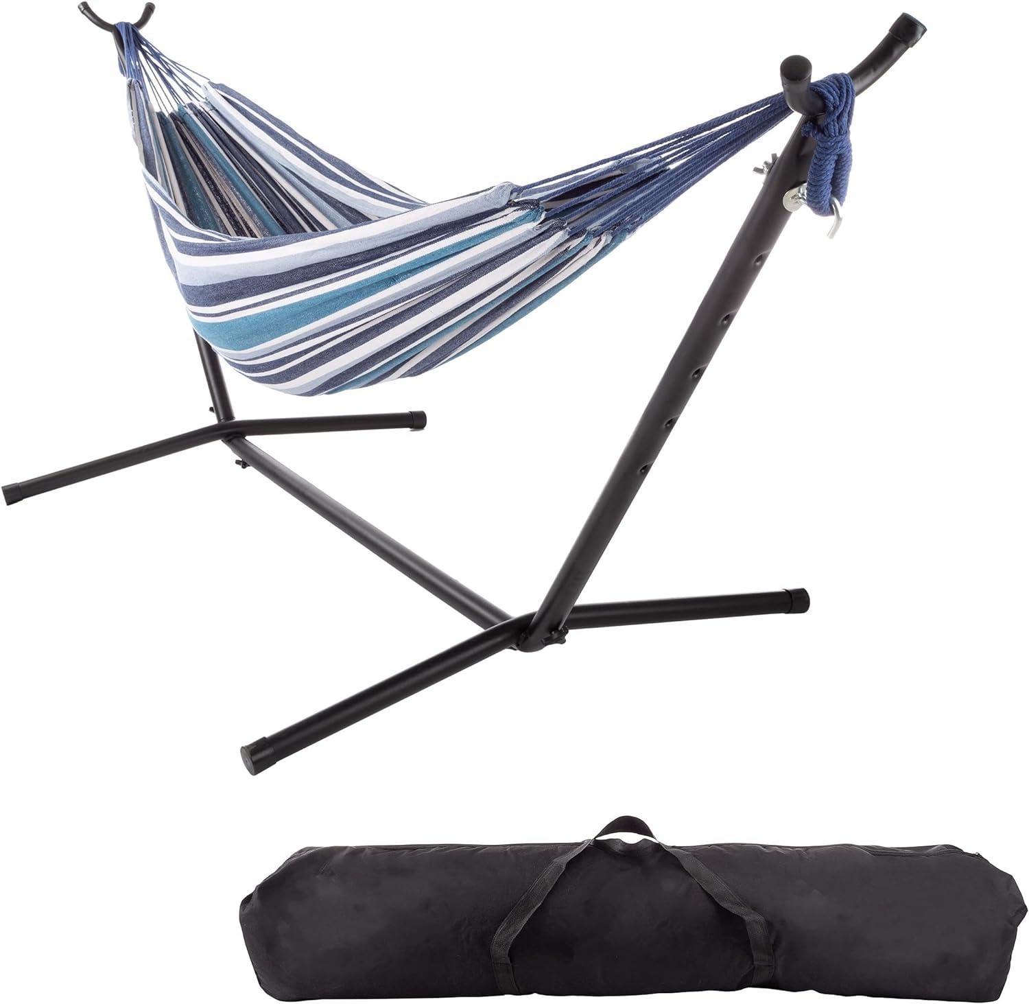 Blue Stripe Double Brazilian Hammock with Stand and Carry Bag