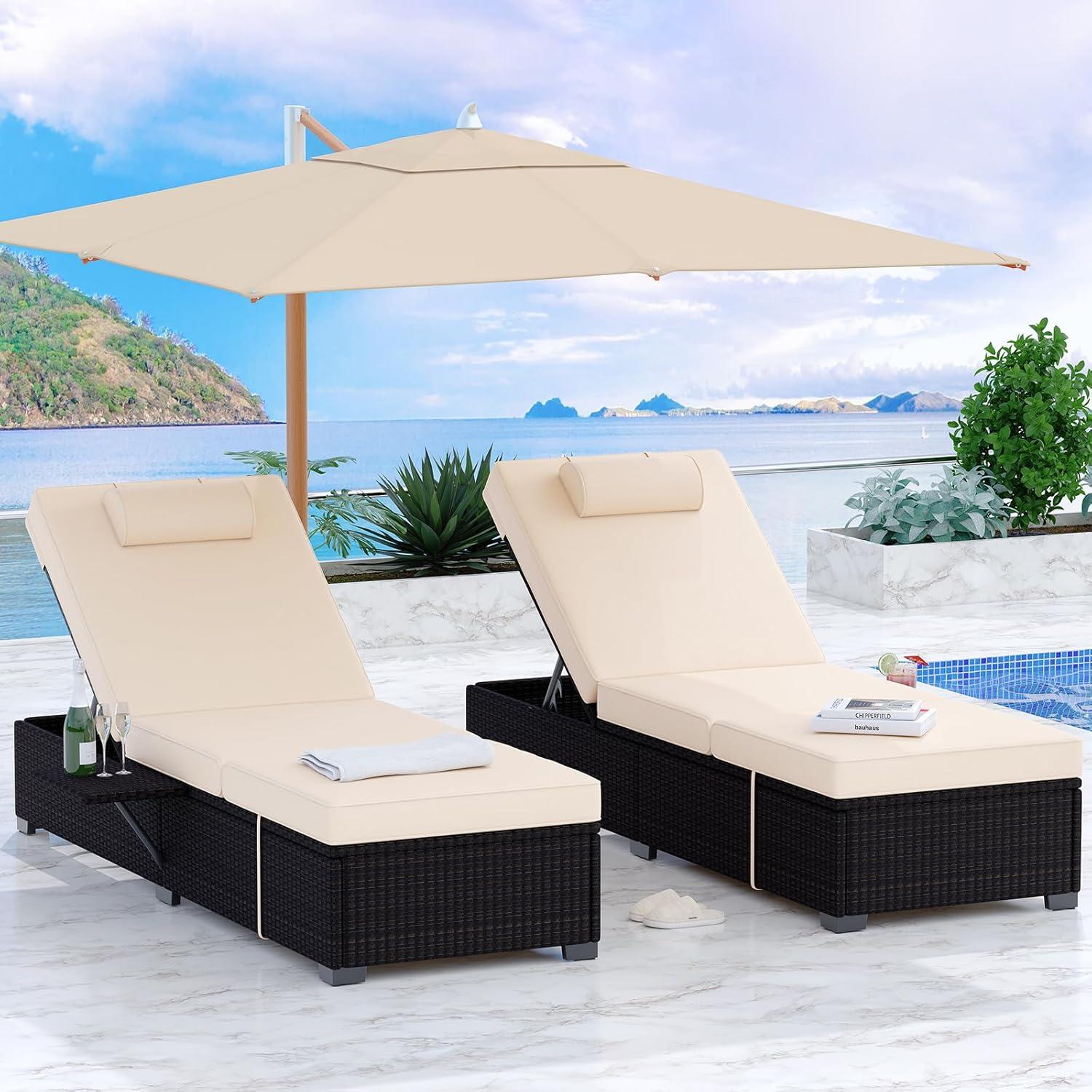 Lounge Chairs Outdoor Set of 2, PE Rattan Chaise Lounge Chair with 5-Position Adjustable Backrest for Patio Beach Pool Deck Backyard, Beige