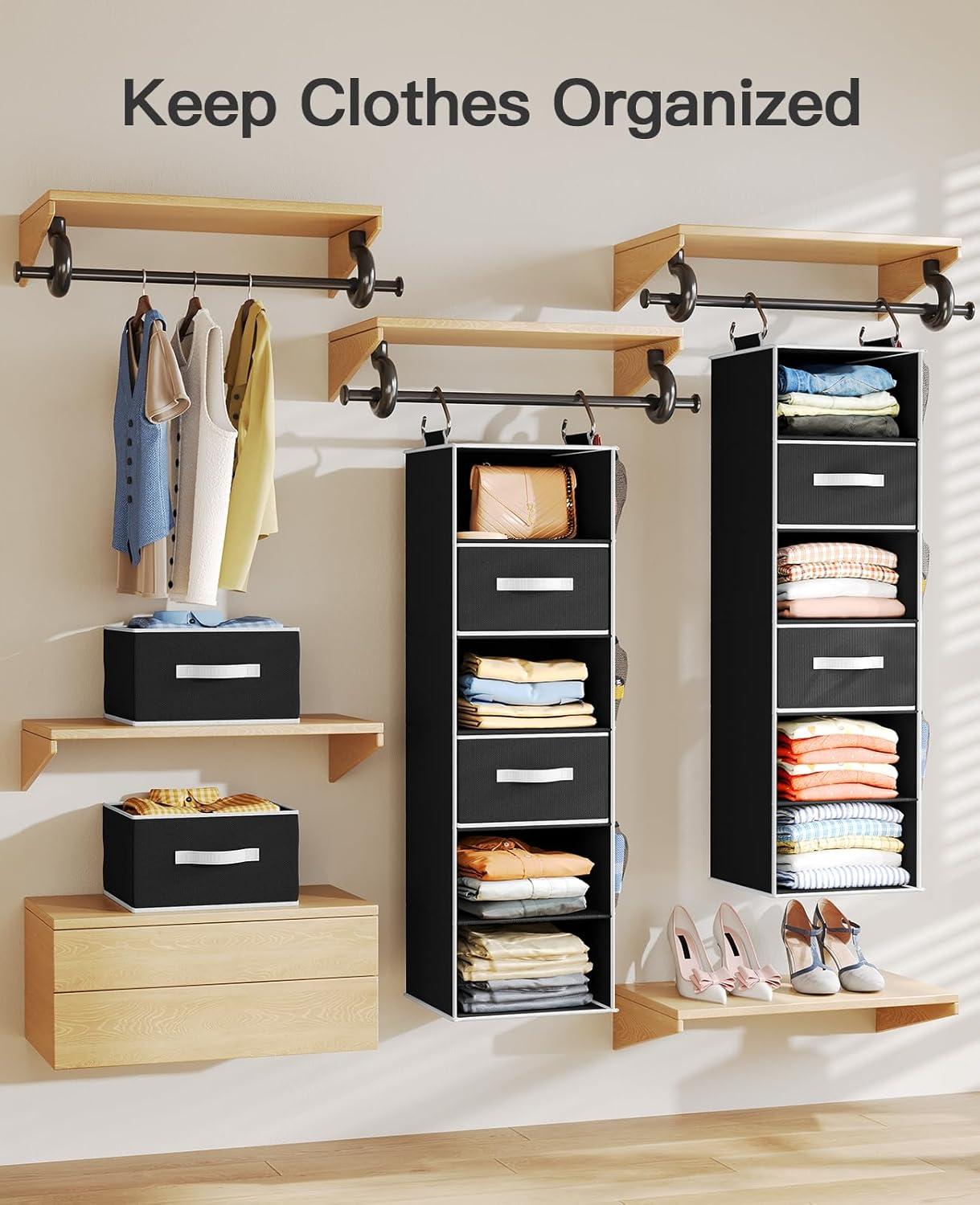 Rebrilliant Hanging Closet Organizer 6-Shelf with 3 Removable Drawers & Side Pockets