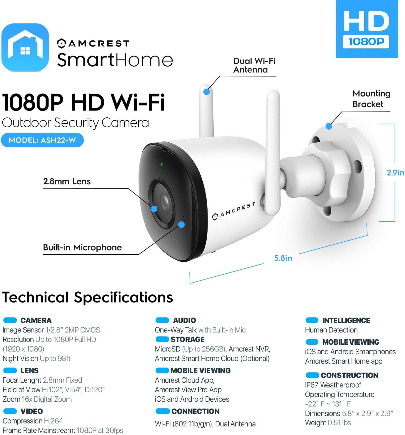 Amcrest 1080P WiFi Camera Outdoor, Smart Home 2MP Bullet IP Security Camera Outdoor Wireless, 98ft Nightvision, Built-in Mic, 102° FOV, 256GB MicroSD Storage (Sold Separately), ASH22-W (Wired Power)