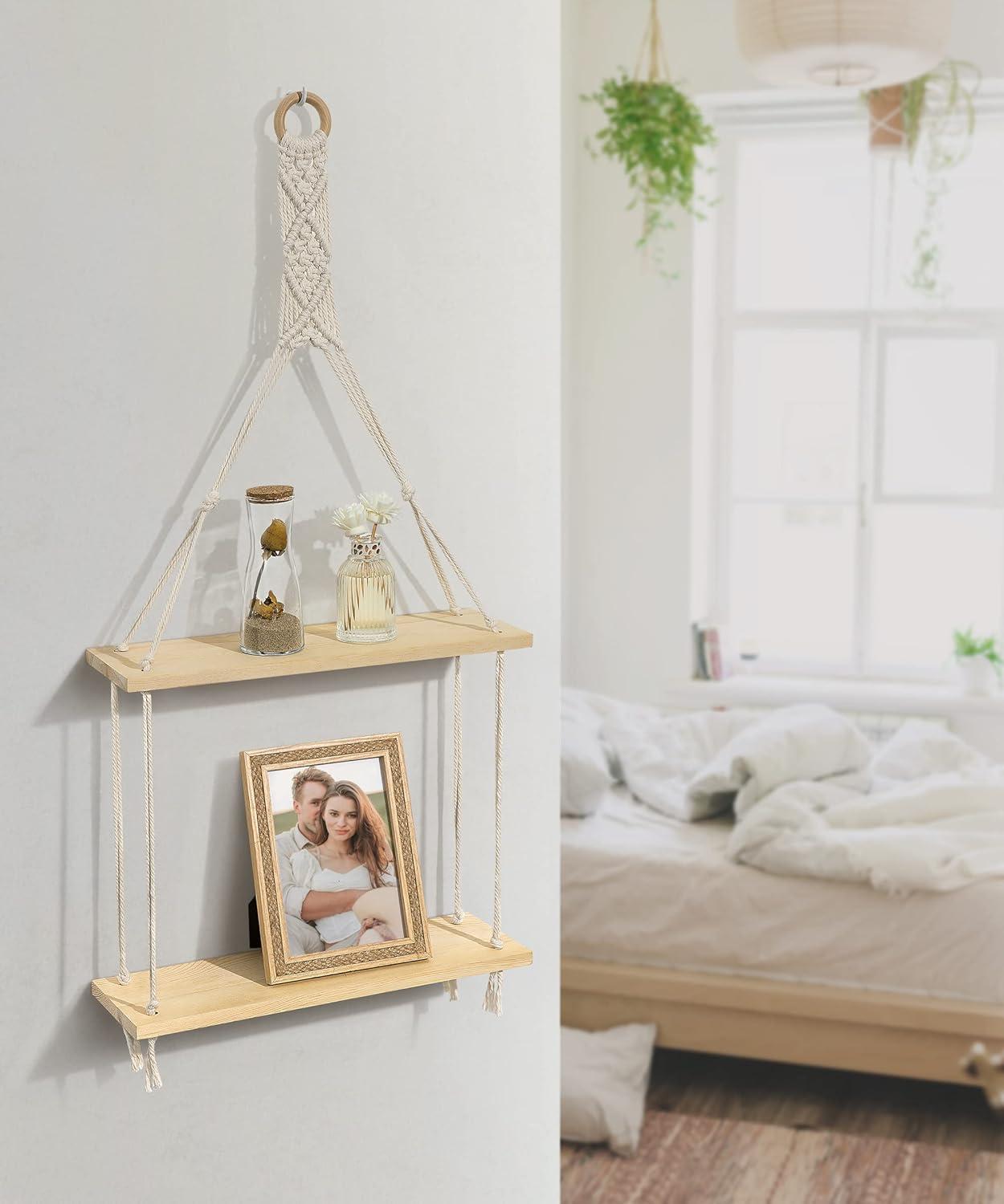 Beige Pine Wood Boho Macrame Floating Wall Shelf