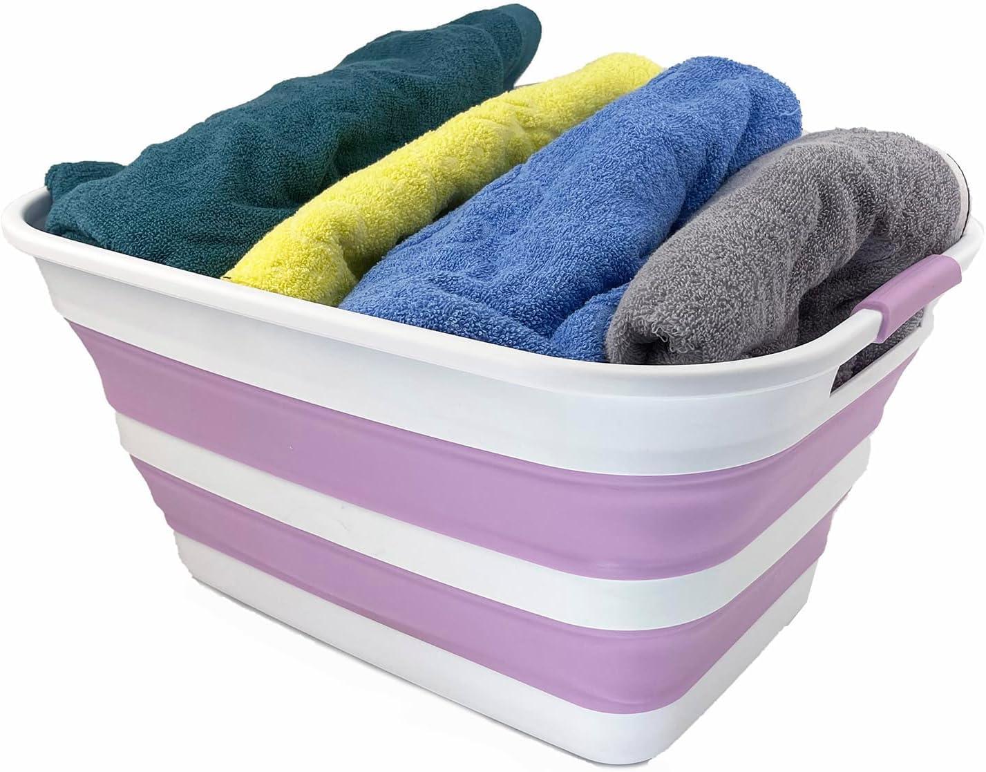 SAMMART 27L (7.1 Gallons) Collapsible Plastic Laundry Basket with Dual Grip Handle, White/Pale Purple/White