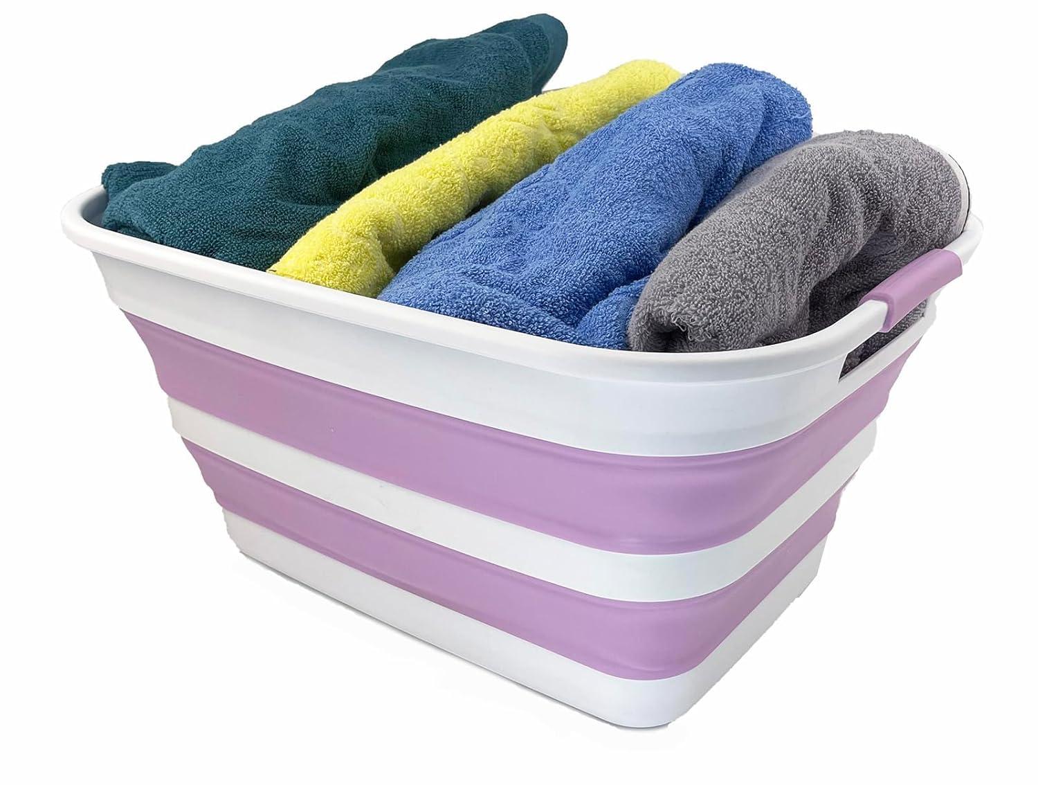 SAMMART 27L (7.1 Gallons) Collapsible Plastic Laundry Basket with Dual Grip Handle, White/Pale Purple/White