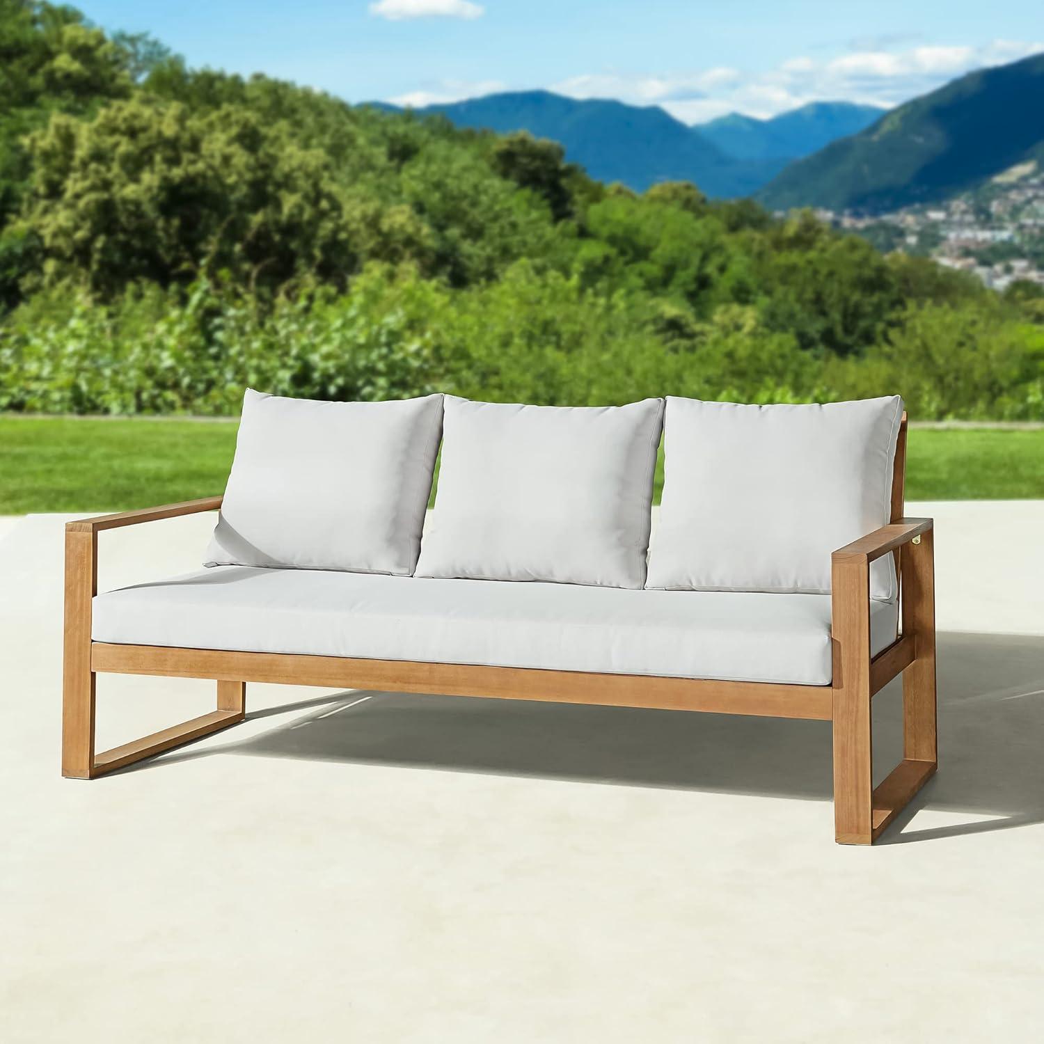 Grafton Luxe Eucalyptus 3-Seater Outdoor Bench with Gray Cushions