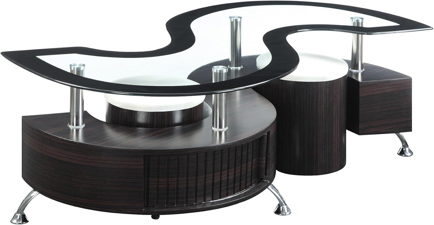 Serpentine Cappuccino Coffee Table with Chrome Accents and Stools