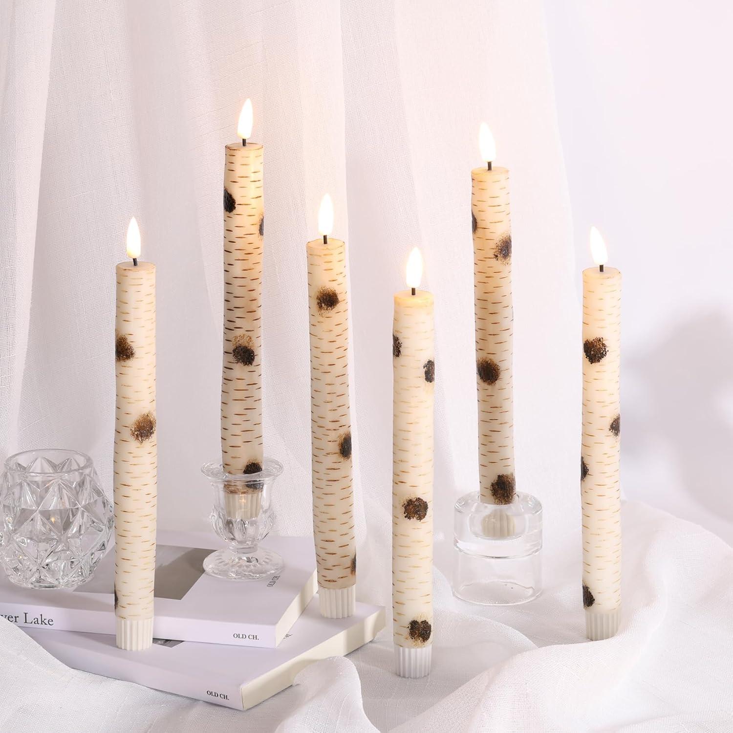 Birch Bark Flameless LED Taper Candles with Remote, Set of 6