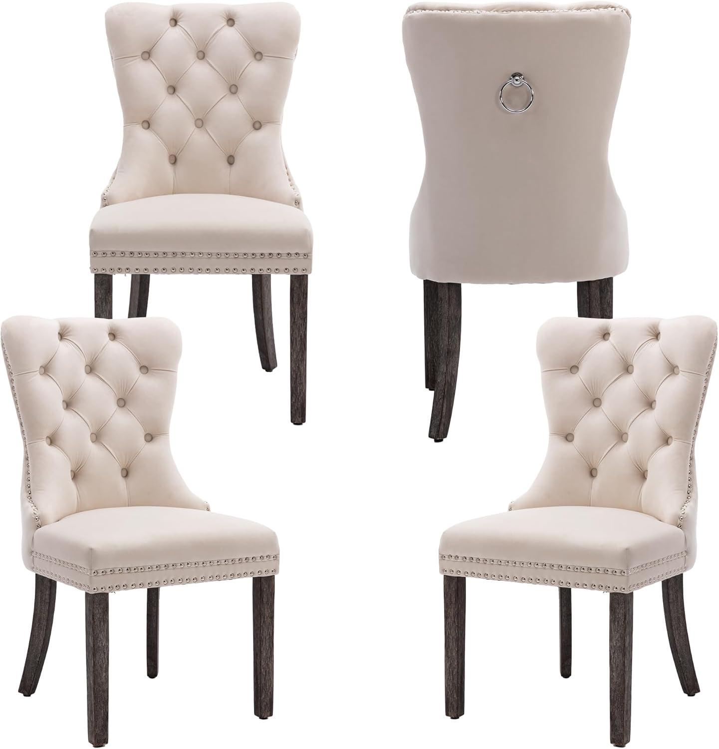 Velvet Dining Chairs Set of 4, Nikki Collection Dining Room Chairs with Wood Legs and Pull Ring, Luxury Side Chair with Nailhead Trim and Button Tufted Back, Beige