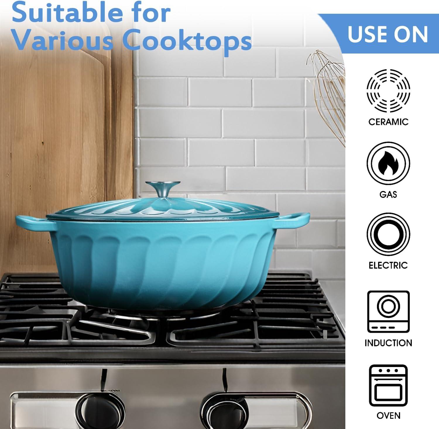 4 SEASONS FURNITURE 7 QT Enameled Cast Iron Oval Dutch Oven with Lid – Non-Stick Coating & Dual Handles