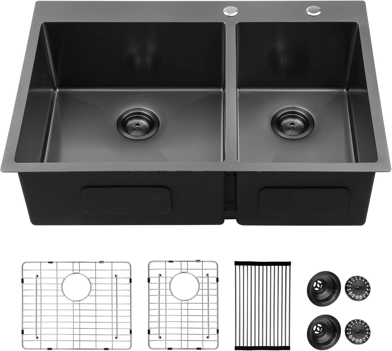 Gunmetal Black 33" Double Bowl Stainless Steel Kitchen Sink