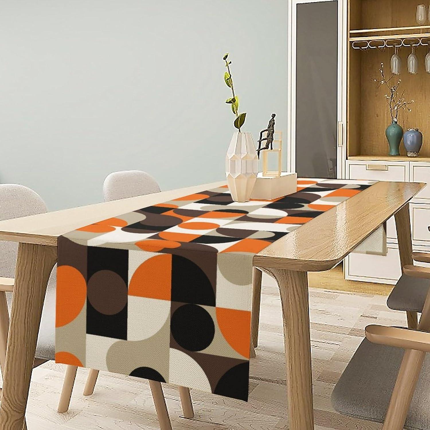 Mid Century Geometric Table Runner,Nordic Abstract Splicing Semicircle Linen Table Runners for Kitchen Family Dinner, Modern Tables Decor 13x36in