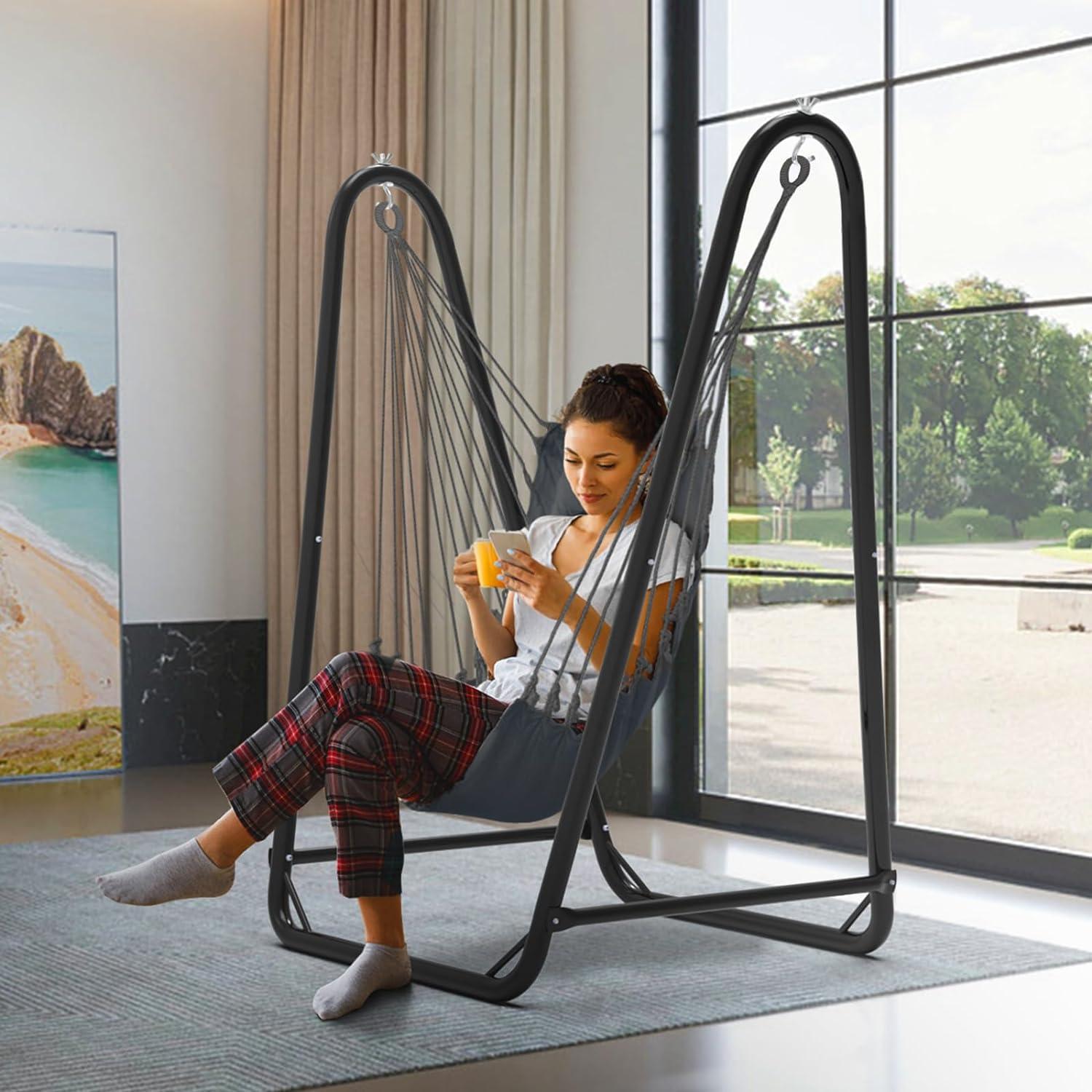 Gray Cotton U-Shaped Hammock Chair with Stand