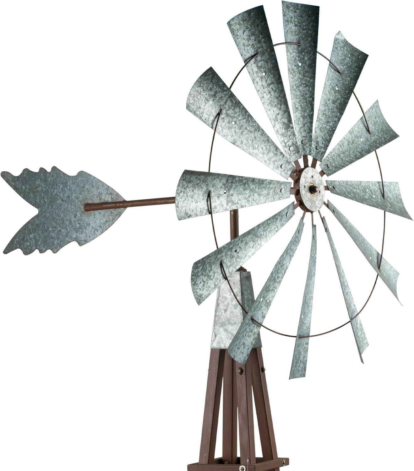 Tall Rustic Bronze and Silver Metal Garden Windmill