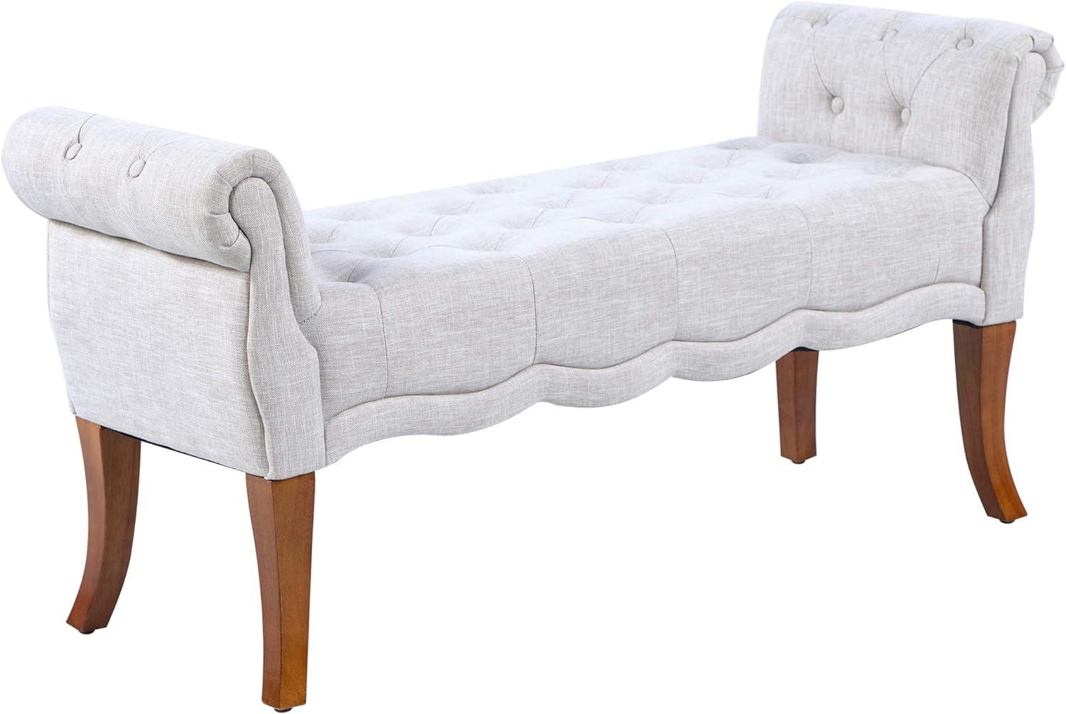 Light Gray Upholstered Tufted End of Bed Bench with Rounded Arms