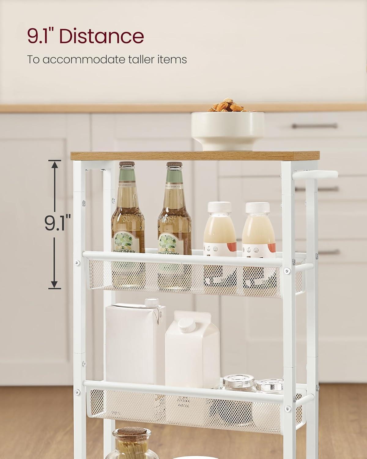 Oak Beige Modern 4-Tier Kitchen Cart with Metal Frame