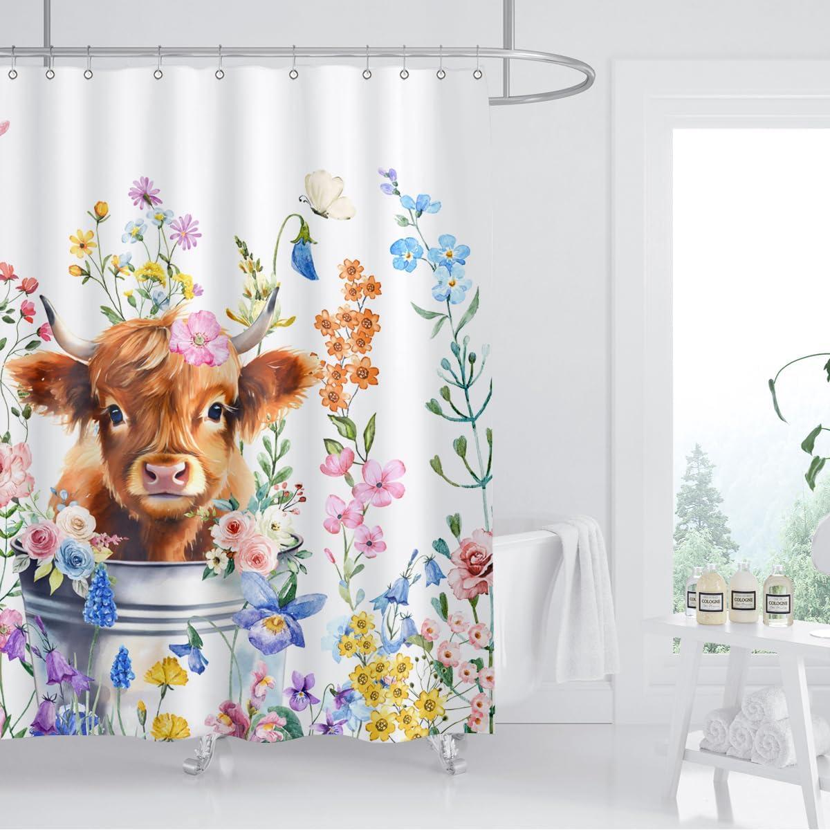 Cute Highland Cow Shower Curtain Watercolor Floral Spring Wildflower Funny Western Cattle Farm Animal Home Bathroom Decor Waterproof Fabric 72Lx72W Inch with 12PCS Hooks