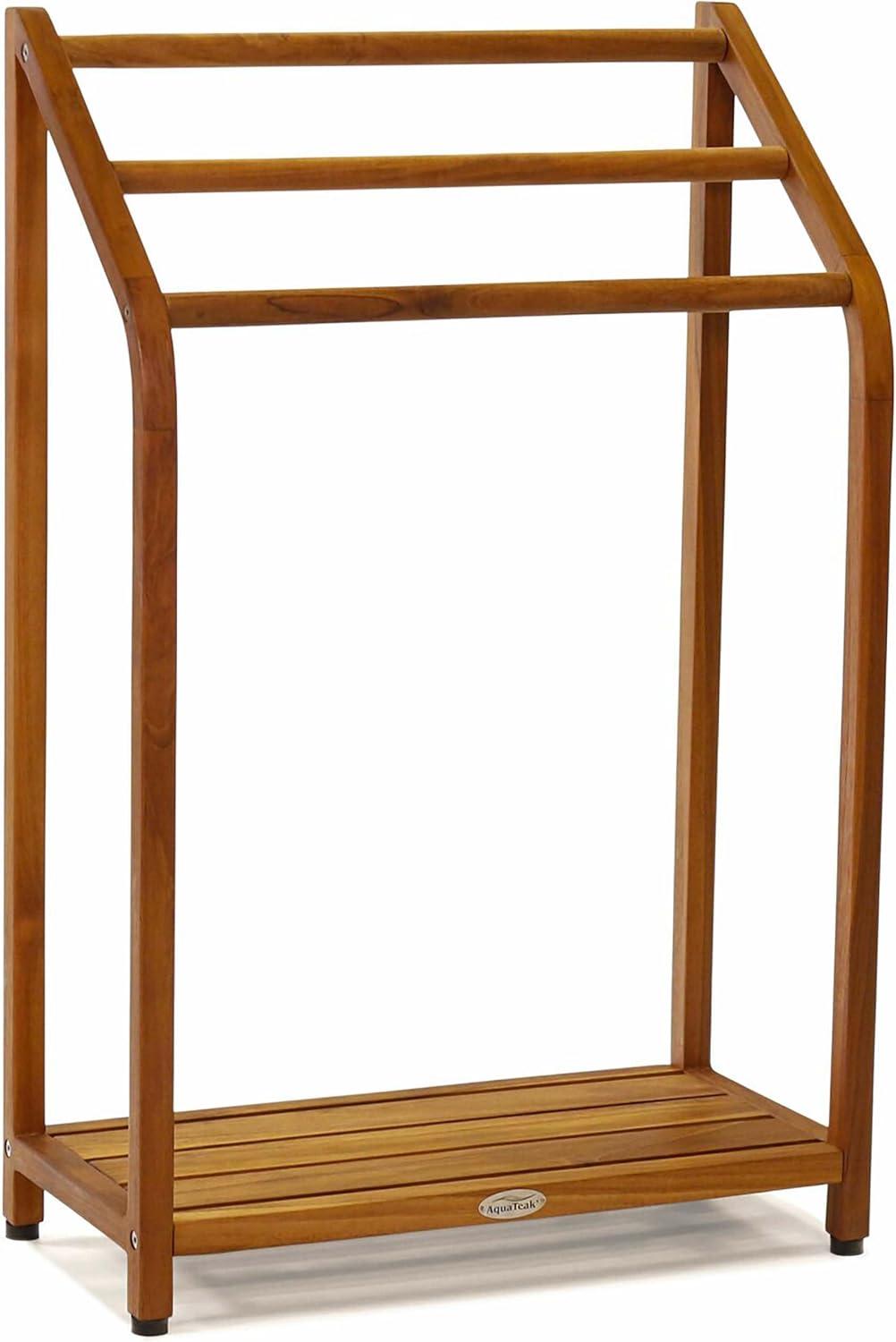 Teak Oil Finish Freestanding Triple Towel Rack with Shelf