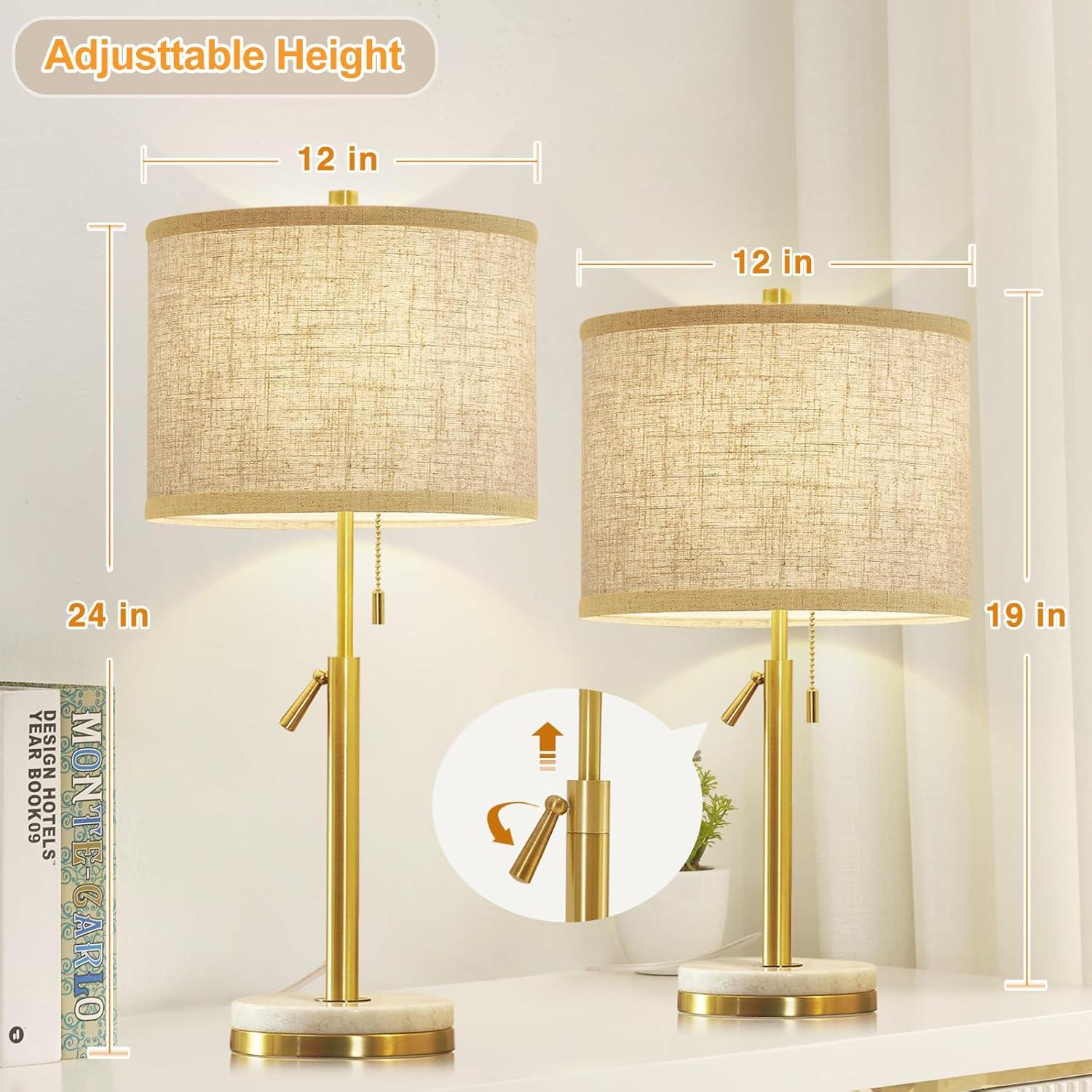 Naw Adjustable Height Bedside Lamps Marble Table Lamps with Pull Chain Nightstand Lamps (Set of 2)