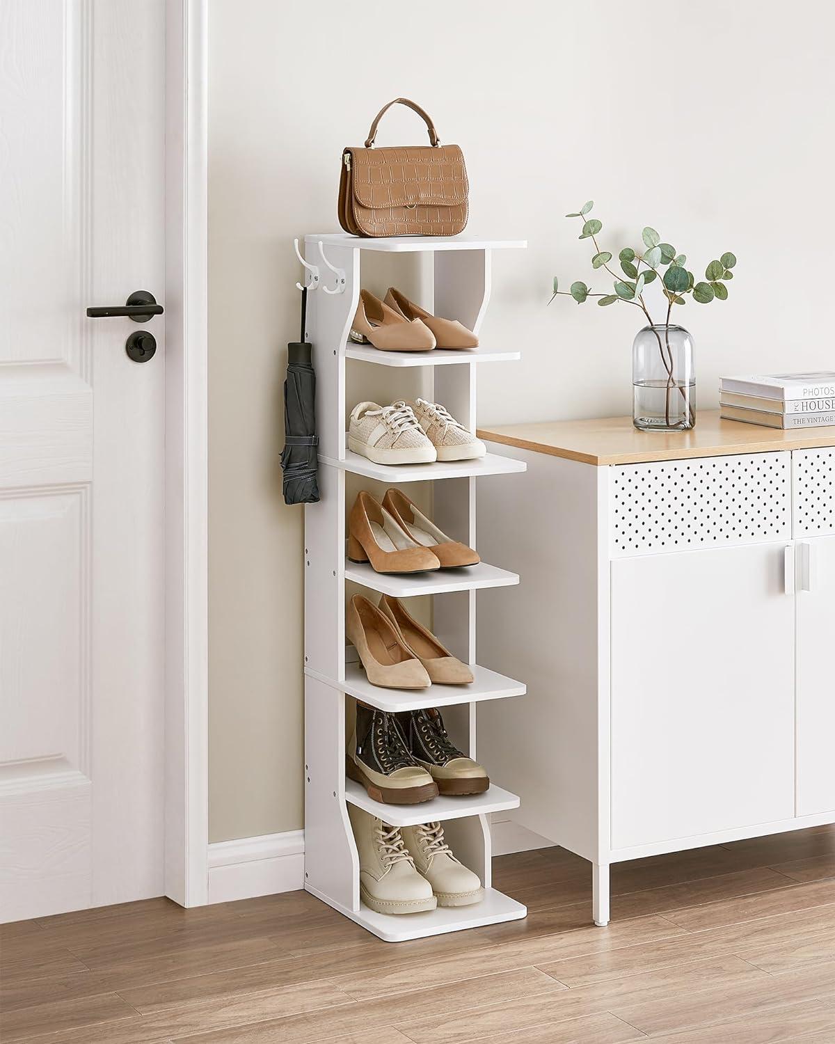 White 7-Tier Wooden and Metal Vertical Shoe Rack