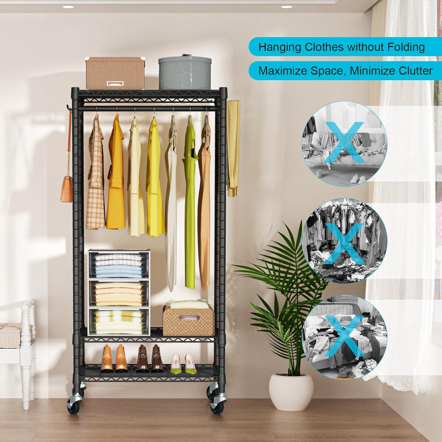 Heavy Duty Clothes Rack Rolling Garment Rack,3 Tier Adjustable Wire Shelving Clothing Racks for Hanging Clothes with Double Rods&Side Hooks,Freestanding Wardrobe Storage Rack Metal Portable Closet