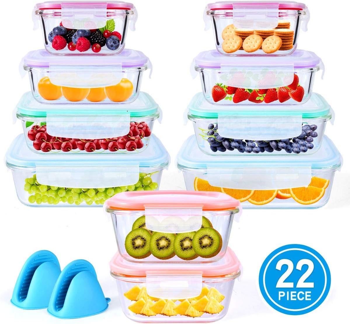 22-Piece Clear Borosilicate Glass Food Storage Set with Colorful Lids