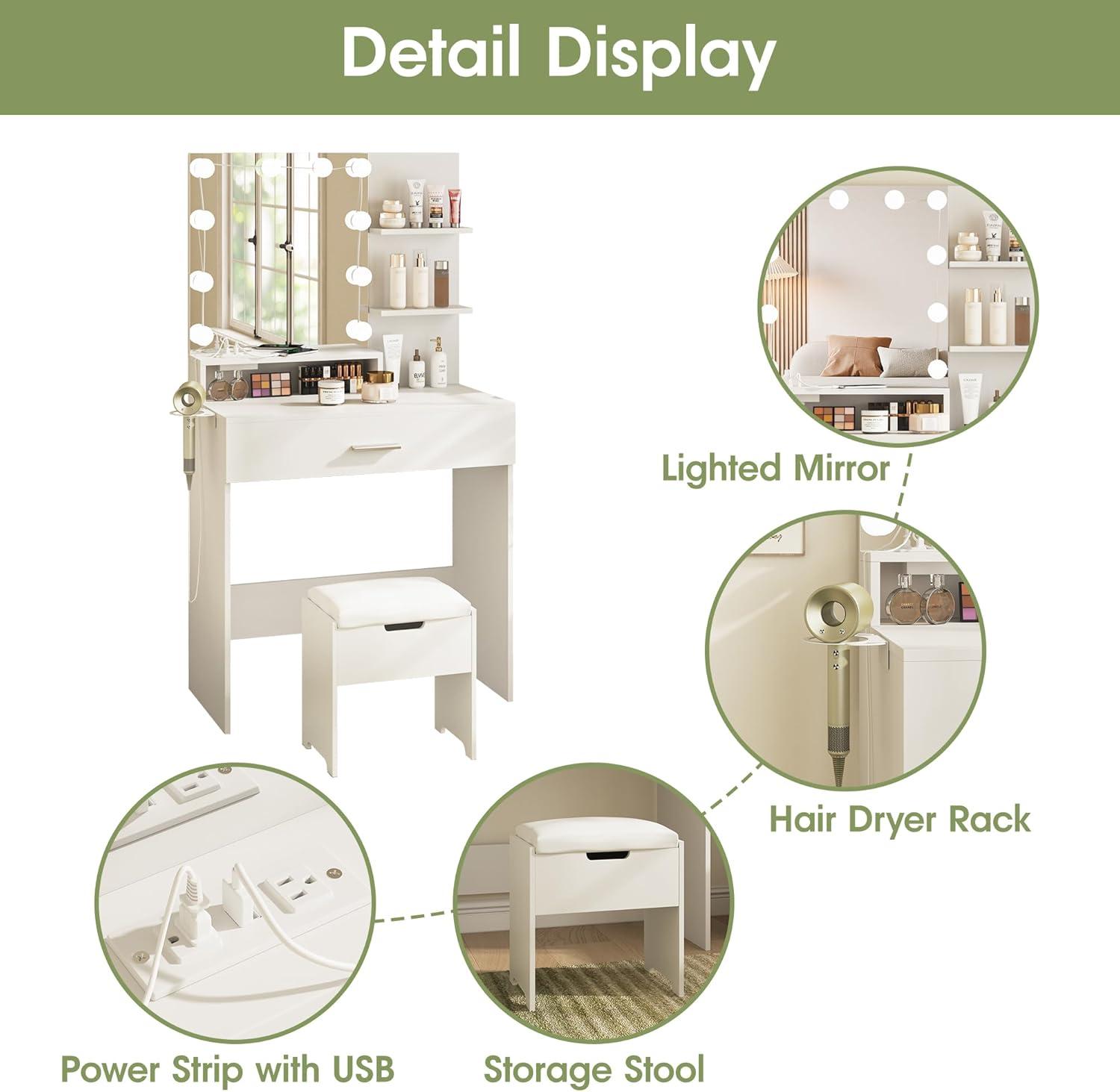 Vabches Small Vanity Desk with Mirror and Lights, Makeup Vanity with Storage Chair & Power Strip,Girl Dressing Table Set with Drawer for Bedroom,3 Lighting Modes,Brightness Adjustable,White