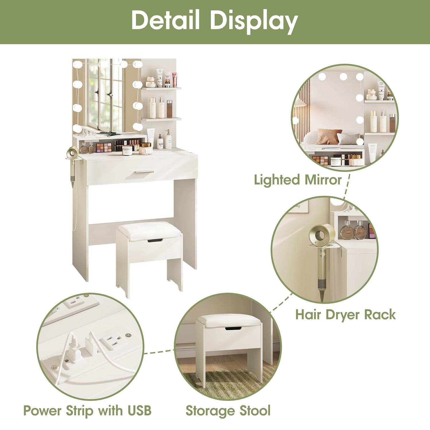 Vabches Small Vanity Desk with Mirror and Lights, Makeup Vanity with Storage Chair & Power Strip,Girl Dressing Table Set with Drawer for Bedroom,3 Lighting Modes,Brightness Adjustable,White