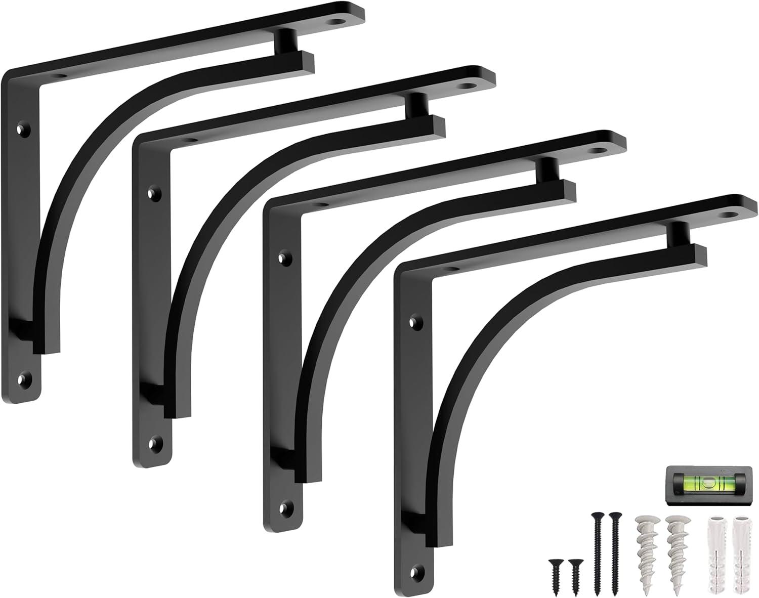 Black Shelf Bracket for 10", 12" Shelves Pack of 4 - Heavy Duty Metal Shelf Brackets - L Brackets for Shelves Easy to Install Indoor or Outdoor Shelving - Hardware Included