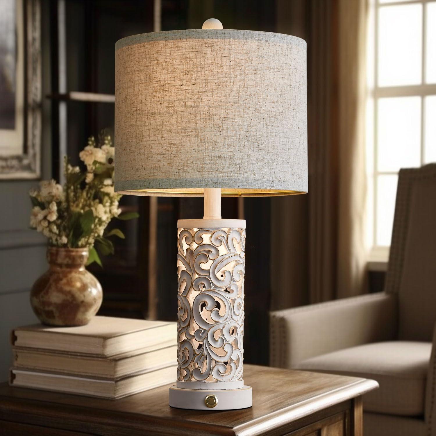 3-Way Dimmable 22'' Table Lamp Set Of 2 For Living Room Bedroom Farmhouse Vintage Retro Bedside Lamps Touch Control With USB Ports Linen Shade For Home Office (Wash, Bulb Included)