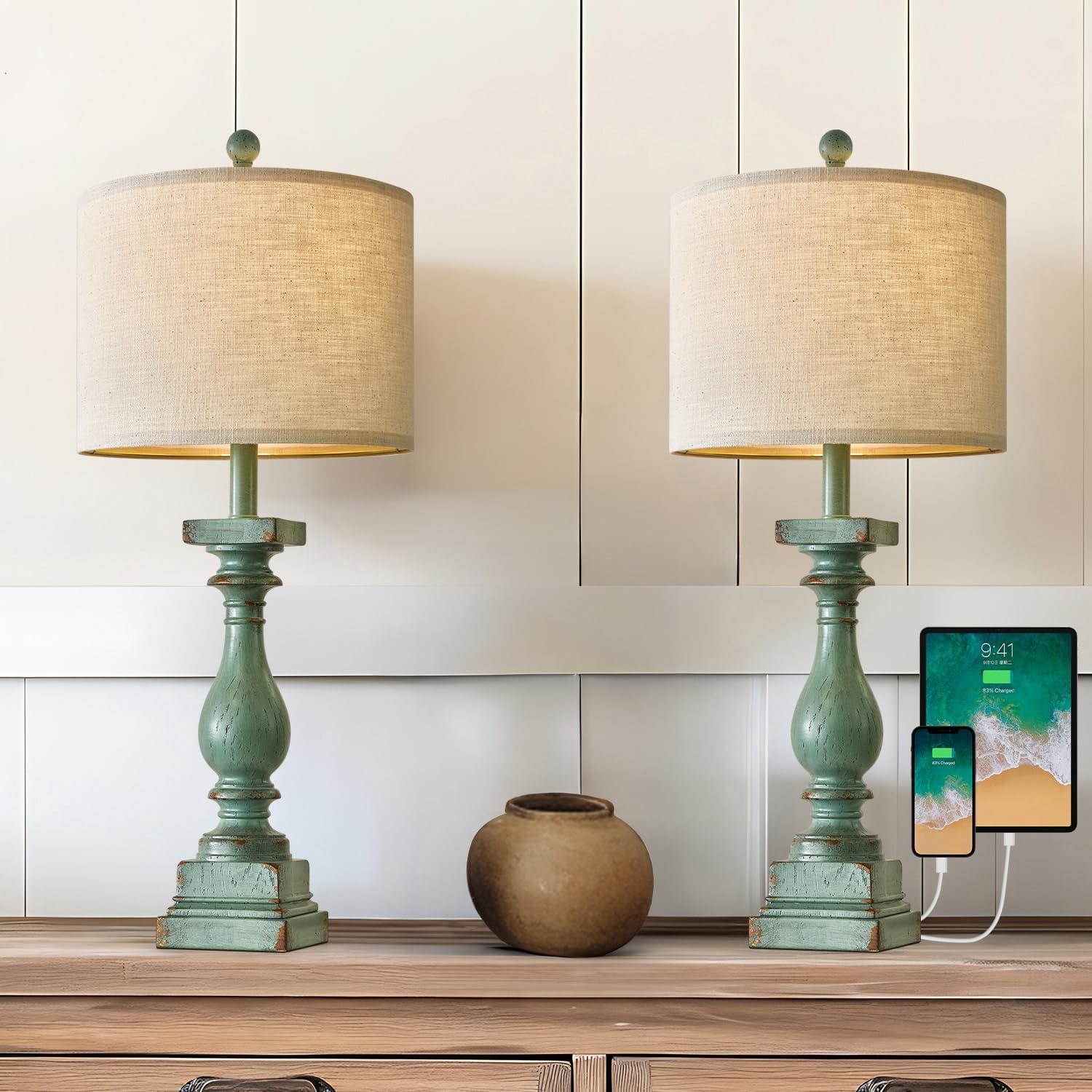 Farmhouse Table Lamps for Bedroom Set of 2 Rustic Bedside Lamps for Nightstand with USB A+C Ports Side Table Lamps for Living Room End Table Office Pull Chain Green