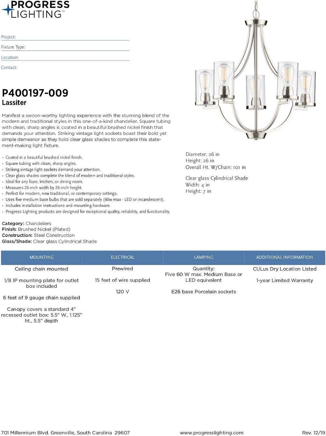 Progress Lighting Lassiter 5-Light Chandelier, Brushed Nickel, Clear Glass Shades