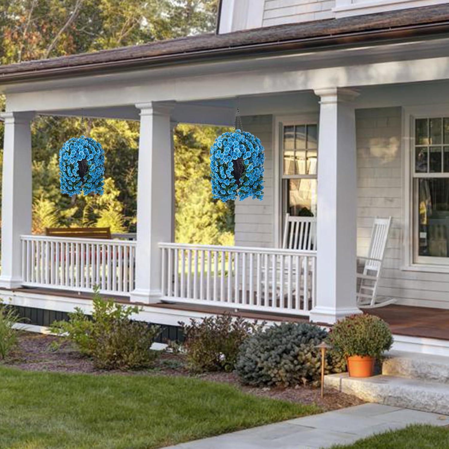 Artificial Hanging Flowers in Basket Fake Plant for Outside, Silk Pink Morning Glory Flower Arrangement for Outdoor Decor, UV Resistant Realistic Floral Planter for Porch Patio Balcony