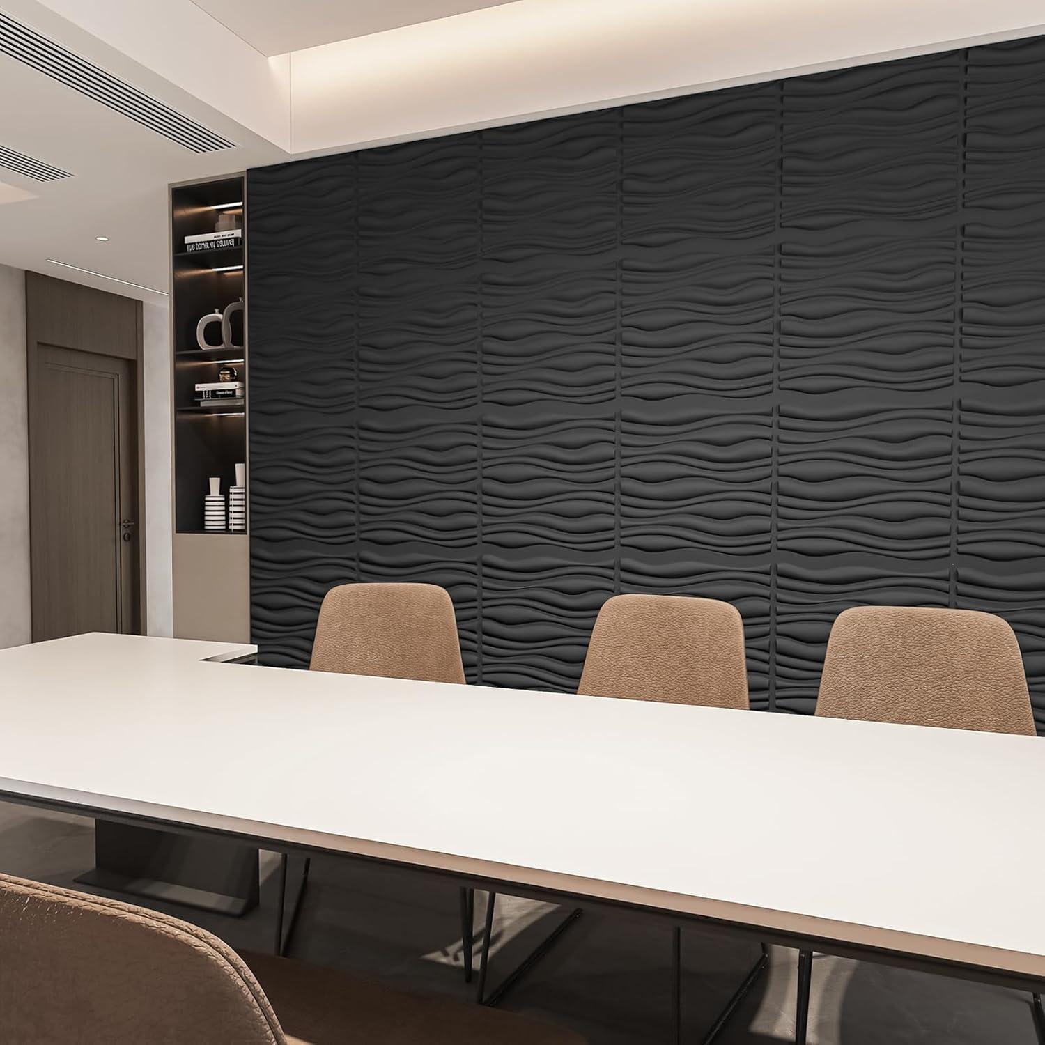 Black Textured PVC 3D Wave Wall Panels, 19.7" x 19.7" (12 Pack)