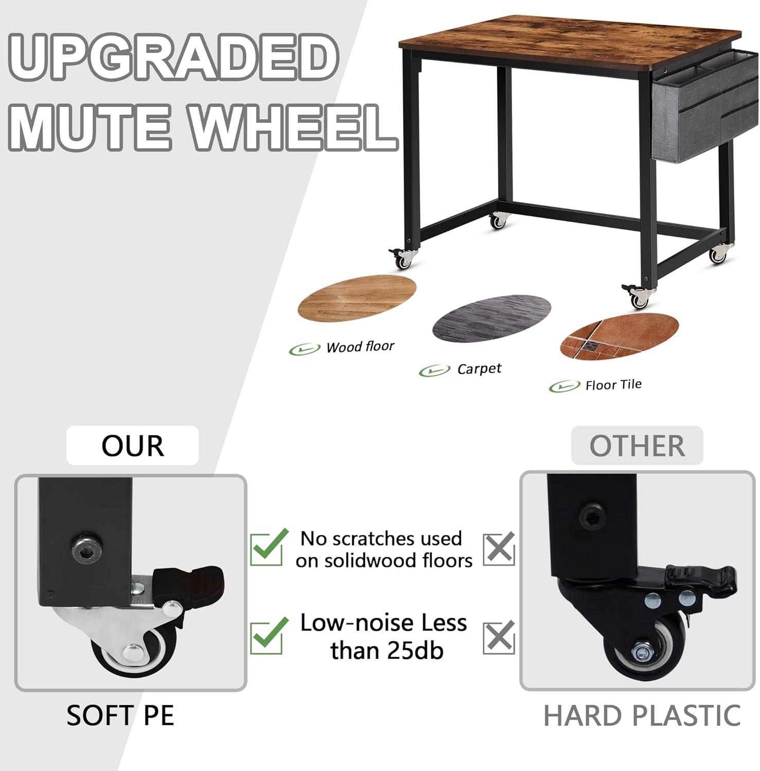 AHB 39" Rolling Computer Desk with 4 Smooth Wheels, Simple Style Mobile Writing Desk Home Office Study Table Movable Workstation with Metal Frame